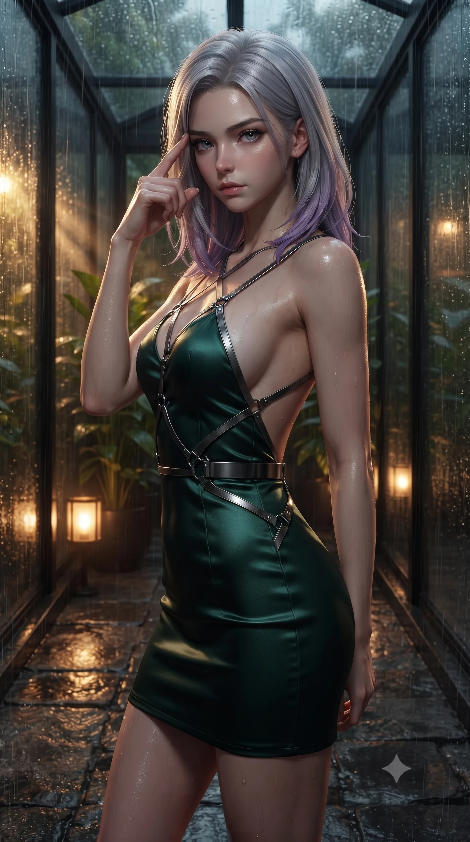 score_9, masterpiece, best quality, ultra-detailed, high-budget anime keyframe, editorial fashion photography, tasteful artistic composition, Caucasian woman. close-up cowboy shot from the waist and thighs up, the character dominates the composition, filling the frame with her large presence, background elements kept in soft focus. Pressing two fingers to her temple in a composed, sharp thoughtful gesture, poised on a wet stone walkway as rain streams down surrounding glass walls, warm amber floor lamps casting intimate golden rays through plant foliage. She has an exceptionally elegant, slender, and willowy female figure with an ultra-slim waist, a gracefully sculpted slender torso, and a refined silhouette. sharp v-shaped jawline, high-bridge nose, intricate jewel-like eyes with depth, thick eyelashes, glossy lips with a natural sheen. wearing dramatically scooped backless dark satin mini dress with criss-cross chrome straps in deep emerald green, made of matte carbon-fiber weave, highlighted by a gunmetal metallic harness structure, following her slender form with tailored precision. lit by low-key golden rays piercing through rain-streaked glass. ultra-reflective glossy finish, specular highlights, metallic sheen, high-contrast stereoscopic depth, volumetric dynamic lighting, 2k, ultra detail, master piece, 9:16 ratio