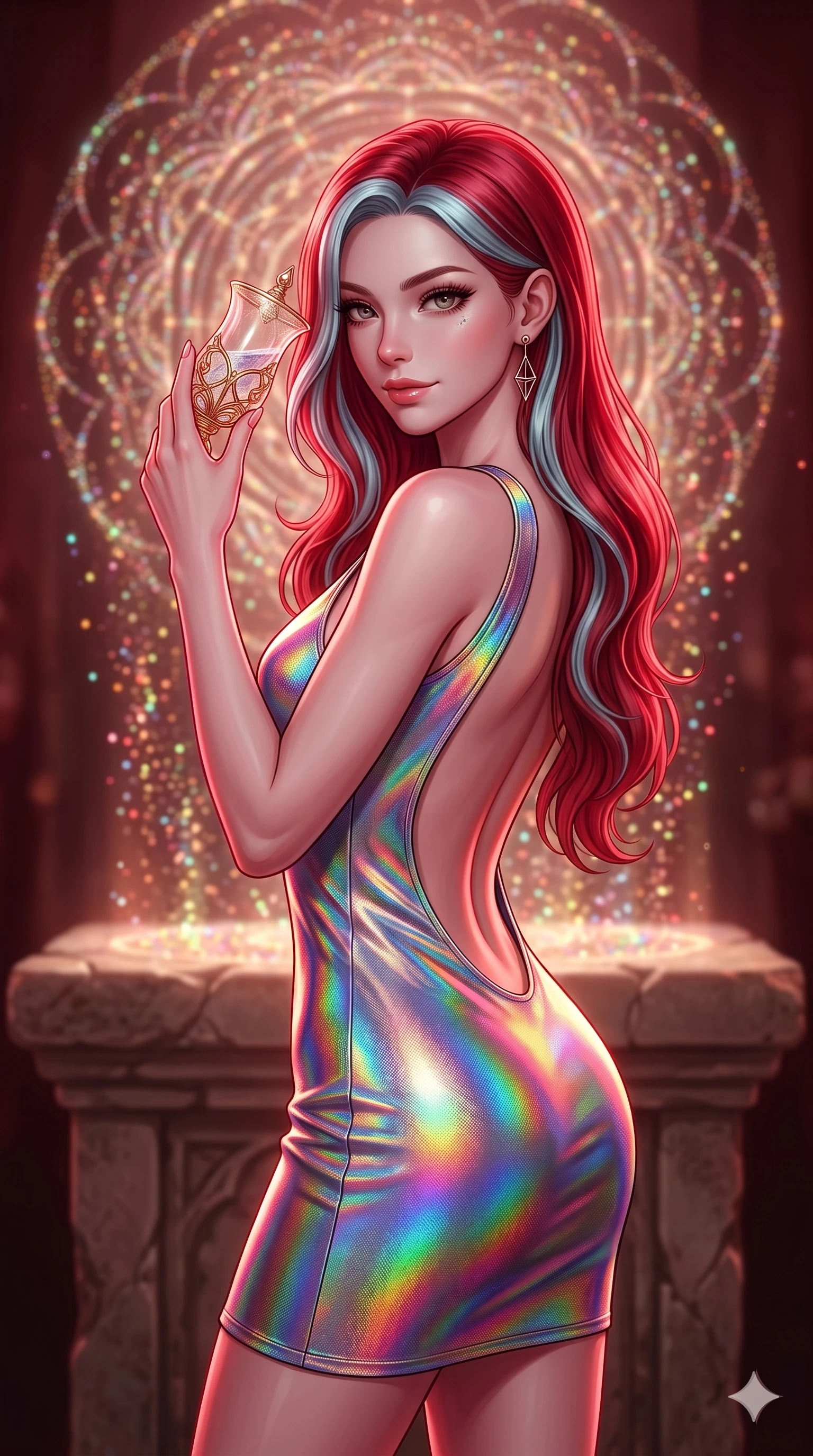 score_9, masterpiece, best quality, ultra-detailed, high-budget anime keyframe, editorial fashion photography, tasteful artistic composition, Caucasian woman, strictly human ears. close-up cowboy shot from the waist and thighs up, the character dominates the composition, filling the frame with her large presence, background elements kept in soft focus. Holding a delicate object up near her face while gazing at the viewer with a knowing smile. set against a soft-focus background of an ancient stone altar where millions of glowing colored sand particles levitate and slowly arrange themselves into an impossibly intricate mandala pattern radiating outward in concentric circles. She has an exceptionally elegant and slender, willowy female figure with an ultra-slim waist, a gracefully sculpted slender torso, and a refined slim physique. sharp v-shaped jawline, high-bridge nose, intricate jewel-like eyes with depth, thick eyelashes, glossy lips with a natural sheen. wearing a one-shoulder mini dress in a holographic rainbow colorway, with a dramatically scooped open back descending to the base of the spine. deep crimson theatrical lighting with sharp specular highlights on every curve. 2k, ultra detail, master piece, 9:16 ratio