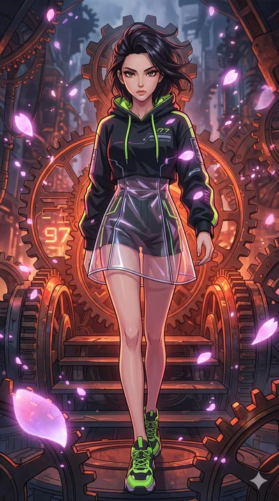 score_9, masterpiece, best quality, ultra-detailed, Set A: High-budget Anime Keyframe, Korean woman. Upper body close-up from the thighs up, character filling the screen for maximum presence. Walking gracefully through a throne of gears, with a look 