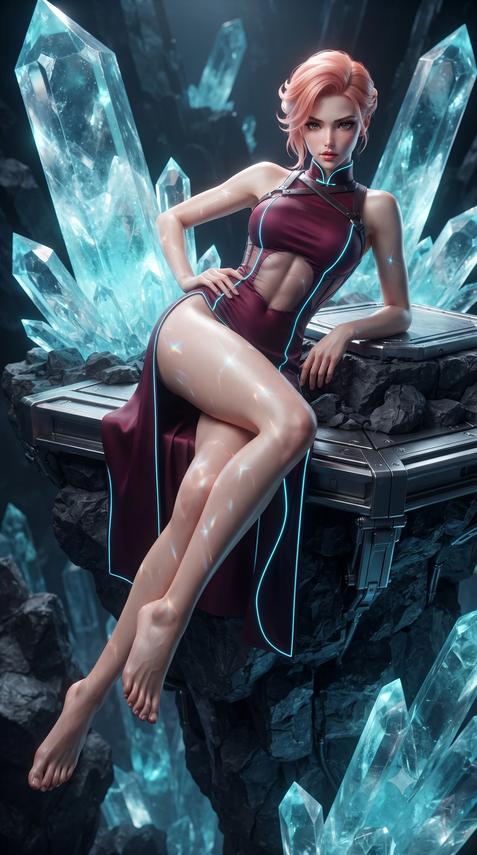 score_9, masterpiece, best quality, ultra-detailed, high-budget anime keyframe, editorial fashion photography, tasteful artistic composition, Japanese woman. low angle full-body shot from head to toe showing her feet, filling the entire 9:16 vertical frame with her statuesque presence, stretching her vertical silhouette. sitting perched on the elevated edge with hips angled toward the camera and legs crossed, displaying her toned midriff and flawlessly sculpted slender limbs while reclining across a black basalt viewing platform propped on one elbow, her slender waist and feminine curves sculpted by shimmering crystal refractions. The surrounding environment is rendered in vivid detail and crisp panoramic clarity. sharp crystal facet cleavages, basalt rock fractures, and titanium gantry bolt seams in deep focus. She has an exceptionally tall and slender model-like 8.5-heads proportion, an ultra-slim waist, a flat toned midriff, narrow delicate ribcage, and beautifully sculpted feminine hips creating a graceful, slim hourglass silhouette without any bulky heaviness, with impossibly long slender legs. sharp v-shaped jawline, high-bridge nose, intricate jewel-like eyes with depth, thick eyelashes, glossy parted lips with a natural sheen, intensely captivating and seductive bedroom-eyes expression, flawlessly proportioned anatomical accuracy, strict slender model proportions, natural body alignment, perfectly sculpted long slender limbs, ultra-slim waistline, clean dynamic posture without body distortion. wearing a modernized cyber-qipao mini dress with an ultra-high side slit ascending to the hip and glowing piping in deep wine burgundy and brushed dark platinum, made of fluid silk crepe with delicate inner corsetry boning, featuring an open-back criss-cross harness strap in dark leather, the glove-like aerodynamic silhouette tightly following the natural contour of her hips and long slender legs with statuesque 8.5-heads elegance. bathed in ethereal ice-blue and cyan spotlights filtering through massive translucent mineral crystals. ultra-reflective glossy finish, specular highlights, rich textural contrasts, high-contrast stereoscopic depth, volumetric dynamic lighting, 2k, ultra detail, master piece, 9:16 ratio