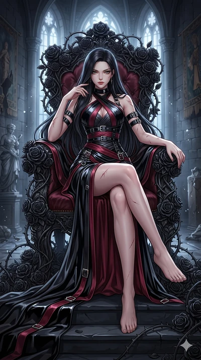 score_9, masterpiece, best quality, ultra-detailed, High-budget Anime Keyframe, East Asian woman. Dynamic full-body shot stretching the vertical silhouette to the limit. Scenario 190: Resting on a throne of black roses, thorns grazing her skin. Her p