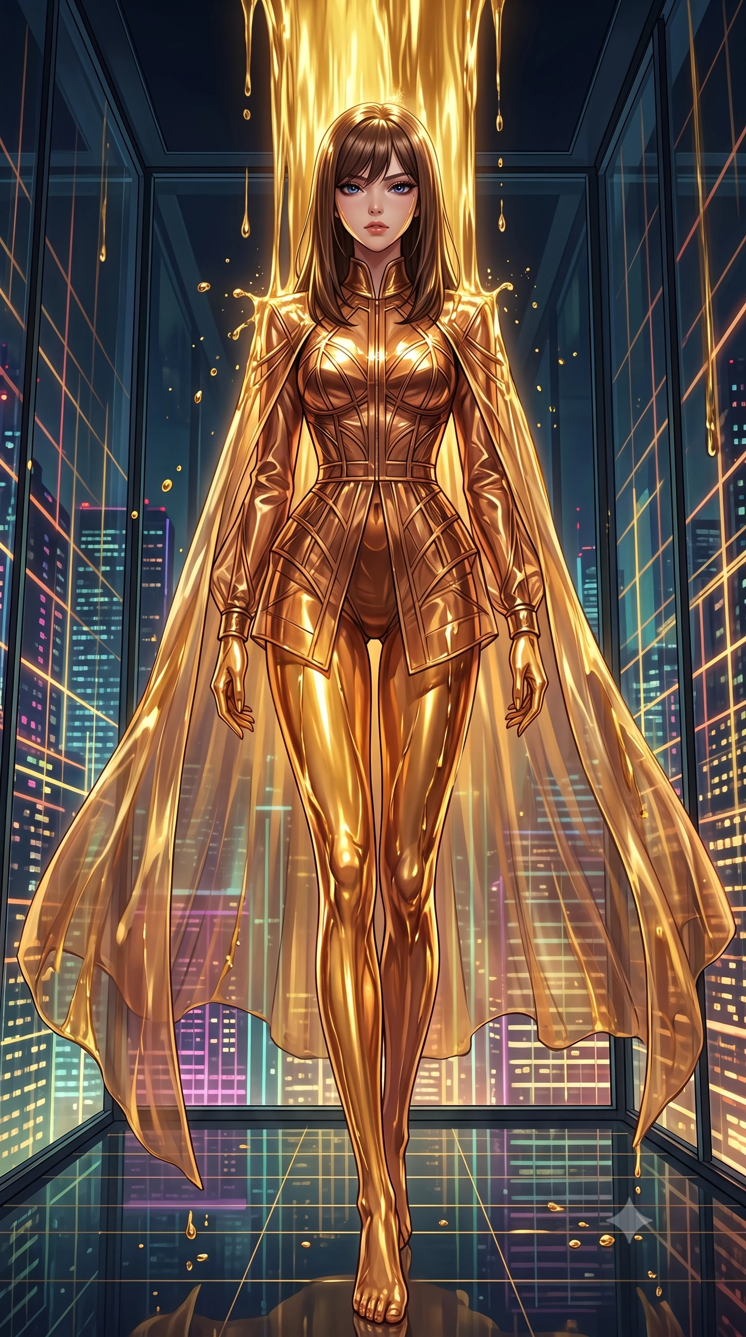 score_9, masterpiece, best quality, ultra-detailed, High-budget Anime Keyframe, East Asian woman. Low angle cowboy shot filling the entire 9:16 frame with her statuesque presence. Scenario 494: standing under a waterfall of liquid gold, the fluid coating her form, in a luxury penthouse with floor-to-ceiling glass walls overlooking a neon grid. Her presence is magnetic and overpowering in this high-budget anime scene. Outfit 494: a body-hugging metallic copper sheer organza jacket draped with a semi-transparent chiffon cape. The clothing is designed to emphasize her exceptionally tall and slender 8-heads proportion. 8-heads proportion, towering silhouette, ultra-slim waist. sharp v-shaped jawline, intricate jewel-like eyes with depth, thick eyelashes, glossy lips. 2k, ultra detail, master piece, 9:16 ratio