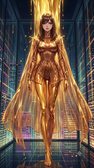 score_9, masterpiece, best quality, ultra-detailed, High-budget Anime Keyframe, East Asian woman. Low angle cowboy shot filling the entire 9:16 frame with her statuesque presence. Scenario 494: standing under a waterfall of liquid gold, the fluid coa