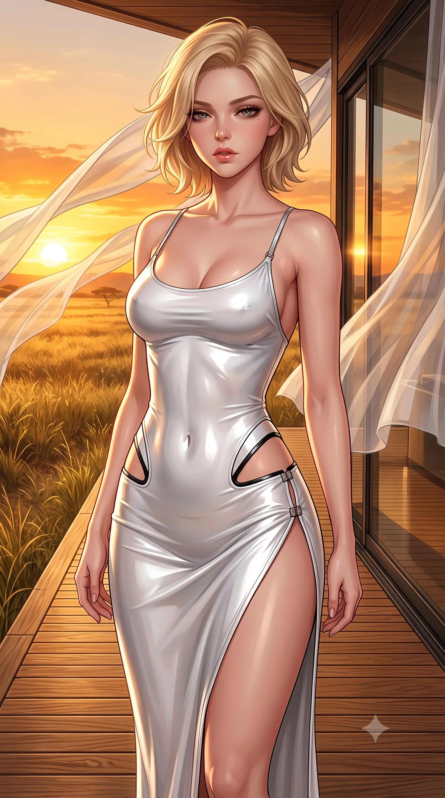 score_9, masterpiece, best quality, ultra-detailed, high-budget anime keyframe, semi-realistic 3D game render, editorial fashion photography, tasteful artistic composition, Caucasian woman. close-up cowboy shot from the waist and thighs up, the character dominates the composition, filling the frame with her large presence. casting a slow, smoldering gaze beneath heavy lashes with parted glossy lips, her head slightly tilted in captivating self-assurance while standing with sovereign grace on a teak viewing deck as golden evening winds billow her sheer chiffon drapes against the sunset. The surrounding environment is rendered in vivid detail and crisp panoramic clarity. detailed golden savannah grass textures, burning sunset horizon gradients, and modern lodge glass in high clarity. She has an exceptionally elegant, slender, and willowy female figure with an ultra-slim waist, a gracefully sculpted slender torso, toned flat midriff, and a refined slim silhouette. sharp v-shaped jawline, high-bridge nose, intricate jewel-like eyes with depth, thick eyelashes, glossy lips with a natural sheen, flawlessly proportioned anatomical accuracy, strict slender model proportions, natural body alignment, perfectly sculpted long slender limbs, ultra-slim waistline, clean dynamic posture without body distortion. wearing a second-skin white liquid-mercury micro-bodysuit sculpted tightly to her slender build, featuring razor-thin metallic straps and hip cutouts in high-gloss monochrome white and sharp black contrast, made of liquid metal jersey that clings flawlessly to every contour of her build, finished with an ultra-high side slit secured by miniature magnetic clasps, the liquid-tight tailored fabric emphasizing every curve of her tall, slender model proportions and sculptured silhouette during dynamic movement. bathed in blazing golden hour sunset radiance and warm amber horizon fill light. highly saturated vibrant anime colors, detailed shading with soft gradients, rich glossy textures, high-contrast stereoscopic depth, volumetric dynamic lighting, master piece, 9:16 ratio