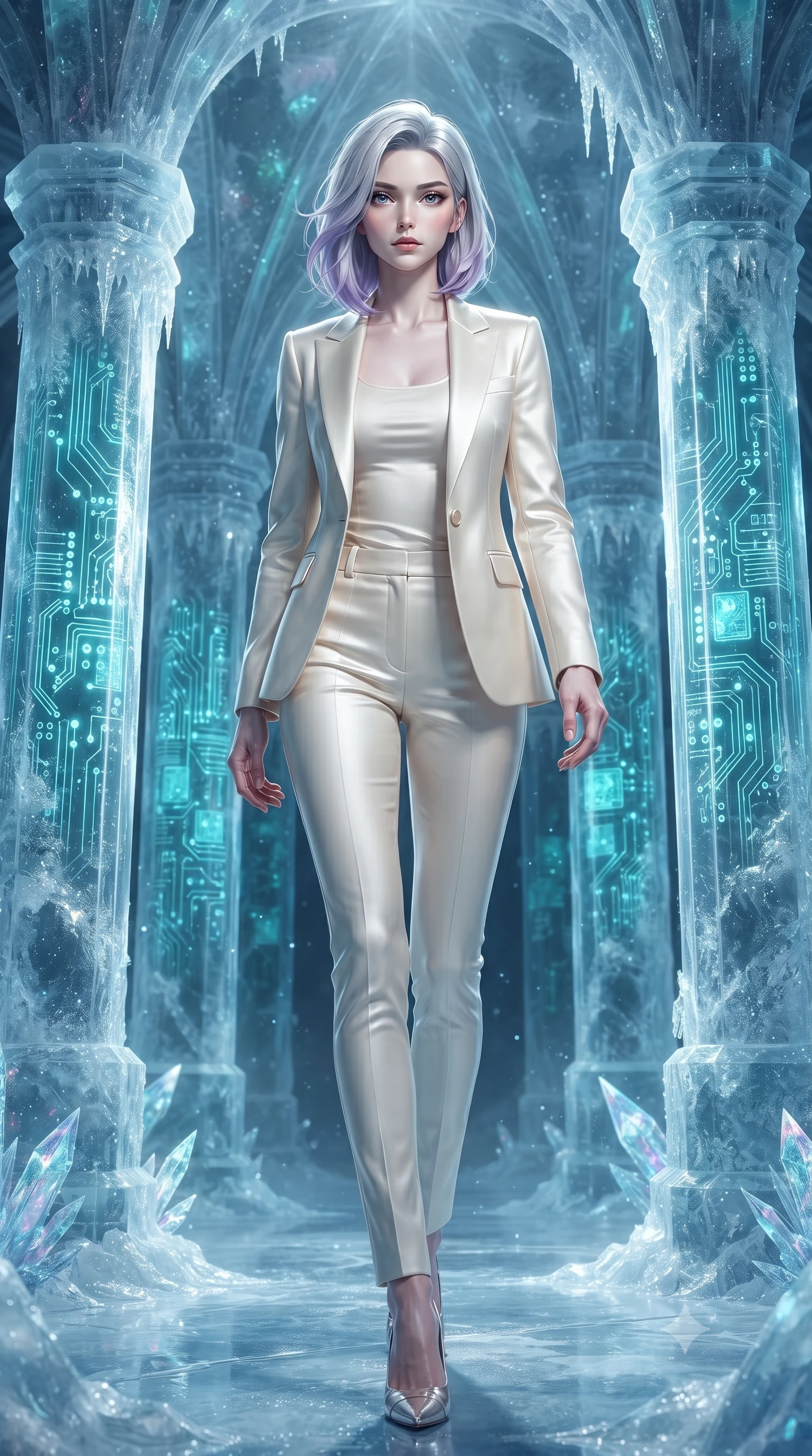 score_9, masterpiece, best quality, ultra-detailed, high-budget anime keyframe, editorial fashion photography, tasteful artistic composition, Caucasian woman. low angle full-body shot from head to toe showing her feet, filling the entire 9:16 vertical frame with her statuesque presence, stretching her vertical silhouette. stepping forward with proud posture, filling the vertical frame with her magnetic presence standing inside an ice cathedral with glowing cyan circuit boards frozen in pillars, shimmering ice crystals and frost reflecting vivid polar aurora colors. She has an absolutely perfect, statuesque 8.5-heads proportion, an exceptionally tall and slender model-like female figure with impossibly long slender legs and an ultra-slim waist. sharp v-shaped jawline, high-bridge nose, intricate jewel-like eyes with depth, thick eyelashes, glossy lips with a natural sheen. wearing a tailored cream silk blazer over a form-contouring scoop-neck top and fitted trousers, the elegant draped fit framing her graceful clavicle and slender torso. bathed in cold silver moonlight filtered through translucent glacial ice. ultra-reflective glossy finish, specular highlights, metallic sheen, high-contrast stereoscopic depth, volumetric dynamic lighting, 2k, ultra detail, master piece, 9:16 ratio
