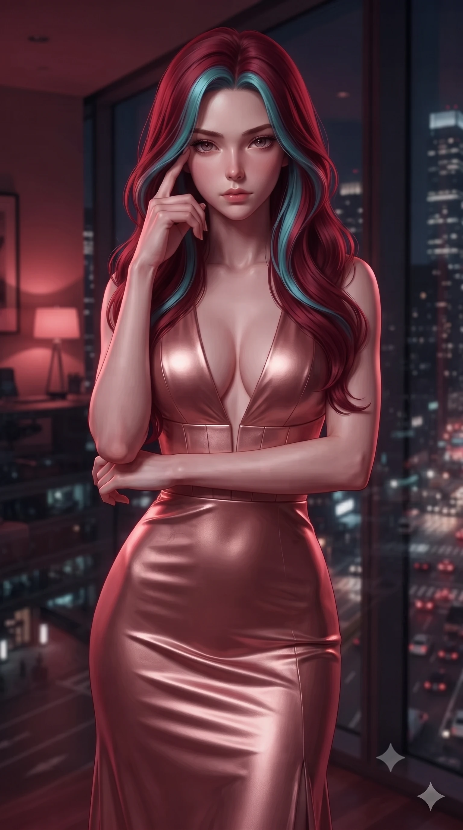 score_9, masterpiece, best quality, ultra-detailed, high-budget anime keyframe, editorial fashion photography, tasteful artistic composition, Caucasian woman, strictly human ears. close-up cowboy shot from the waist and thighs up, the character dominates the composition, filling the frame with her large presence, background elements kept in soft focus. Pressing two fingers to her temple in a composed thoughtful gesture. set against a soft-focus background of standing against floor-to-ceiling windows of a minimalist penthouse office with the entire night city reflected in the glass creating a ghostly double-exposure effect where interior and exterior merge in the reflection. She has an exceptionally elegant and slender, willowy female figure with an ultra-slim waist, a gracefully sculpted slender torso, and a refined slim physique. sharp v-shaped jawline, high-bridge nose, intricate jewel-like eyes with depth, thick eyelashes, glossy lips with a natural sheen. wearing a floor-length gown in liquid rose gold, featuring an ultra-deep plunging V-neckline and a highly structured bodice. deep crimson theatrical lighting with sharp specular highlights on every curve. 2k, ultra detail, master piece, 9:16 ratio