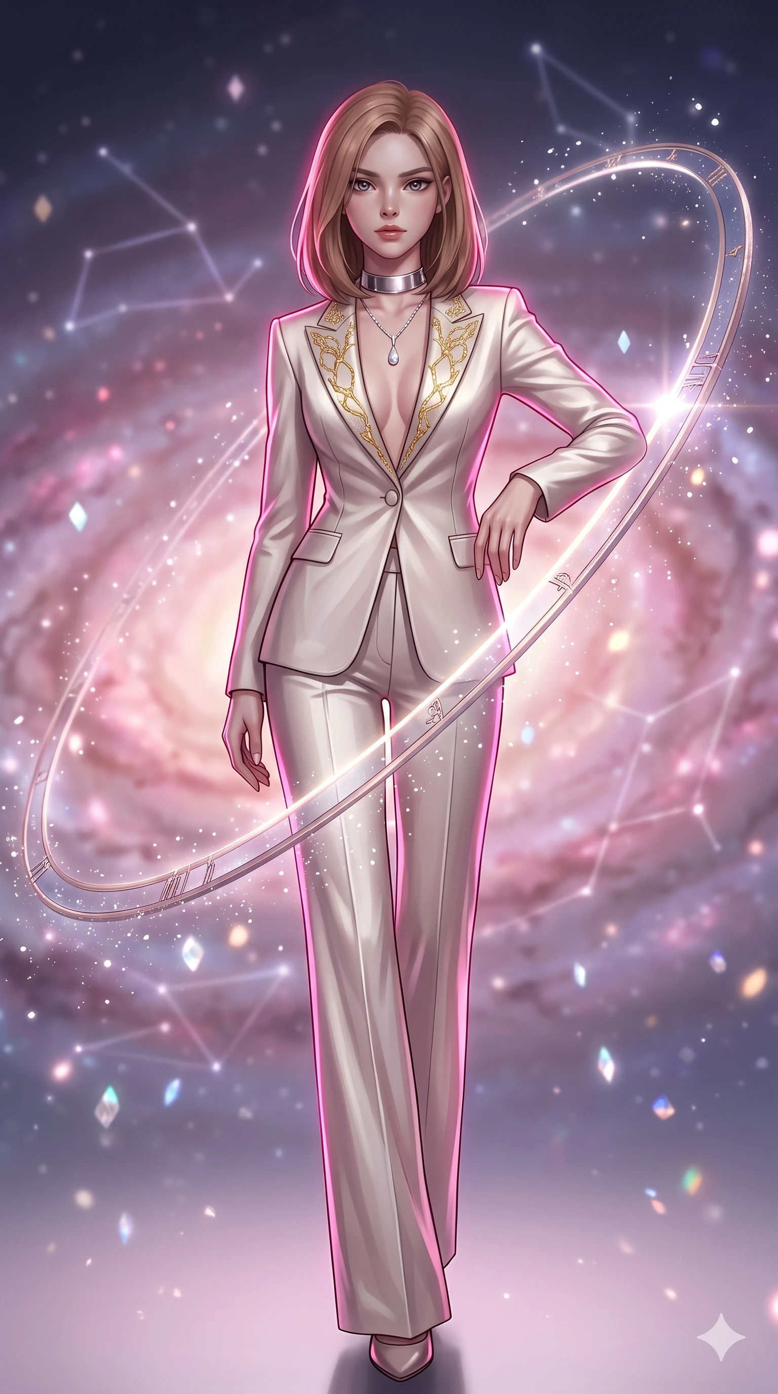 score_9, masterpiece, best quality, ultra-detailed, high-budget anime keyframe, semi-realistic 3D game render, editorial fashion photography, tasteful artistic composition, Korean woman. low angle full-body shot from head to toe showing her feet, filling the entire 9:16 vertical frame with her statuesque presence, stretching her vertical silhouette. stepping forward in a confident stride, her long slender legs and curvaceous hips creating a dynamic, sweeping vertical line while leaning against the celestial meridian arch with hips cocked back, looking through floating zodiac dust into the purple galactic core with smoldering bedroom-eyes. The background shows a soft-focus swirling rose and violet arms of the spiral galaxy, glowing constellation lines, and floating stardust arcs in vacuum blurred into magenta, amethyst, and diamond bokeh. She has an exceptionally tall and slender model-like 8.5-heads proportion, an ultra-slim waist, a flat toned midriff, narrow delicate ribcage, and beautifully sculpted feminine hips creating a graceful, slim hourglass silhouette without any bulky heaviness, with impossibly long slender legs. sharp v-shaped jawline, high-bridge nose, intricate jewel-like sparkling eyes with depth, thick eyelashes, glossy parted lips with a natural peach sheen, bright cheerful beaming smile with an enchanting and coquettish sensual glint, exuding both youthful cute charm and seductive allure, flawlessly proportioned anatomical accuracy, strict slender model proportions, natural body alignment, perfectly sculpted long slender limbs, ultra-slim waistline, clean dynamic posture without body distortion. wearing a bespoke celestial tailored pantsuit in liquid ivory silk with golden kintsugi embroidery tracing the lapels in Kintsugi celestial white porcelain and liquid gold, woven from structured carbon-fiber jacquard with rich textural depth, finished with a minimalist chrome choker and a single teardrop diamond pendant, the impeccably tailored cut draping gracefully along her slender figure with aristocratic poise. illuminated by zodiac disc reflection bounce and sharp nebula-magenta rim lights sculpting her jawline, narrow waist, and curvy hips. highly saturated vibrant anime colors, detailed shading with soft gradients, rich glossy textures, high-contrast stereoscopic depth, volumetric dynamic lighting, master piece, 9:16 ratio