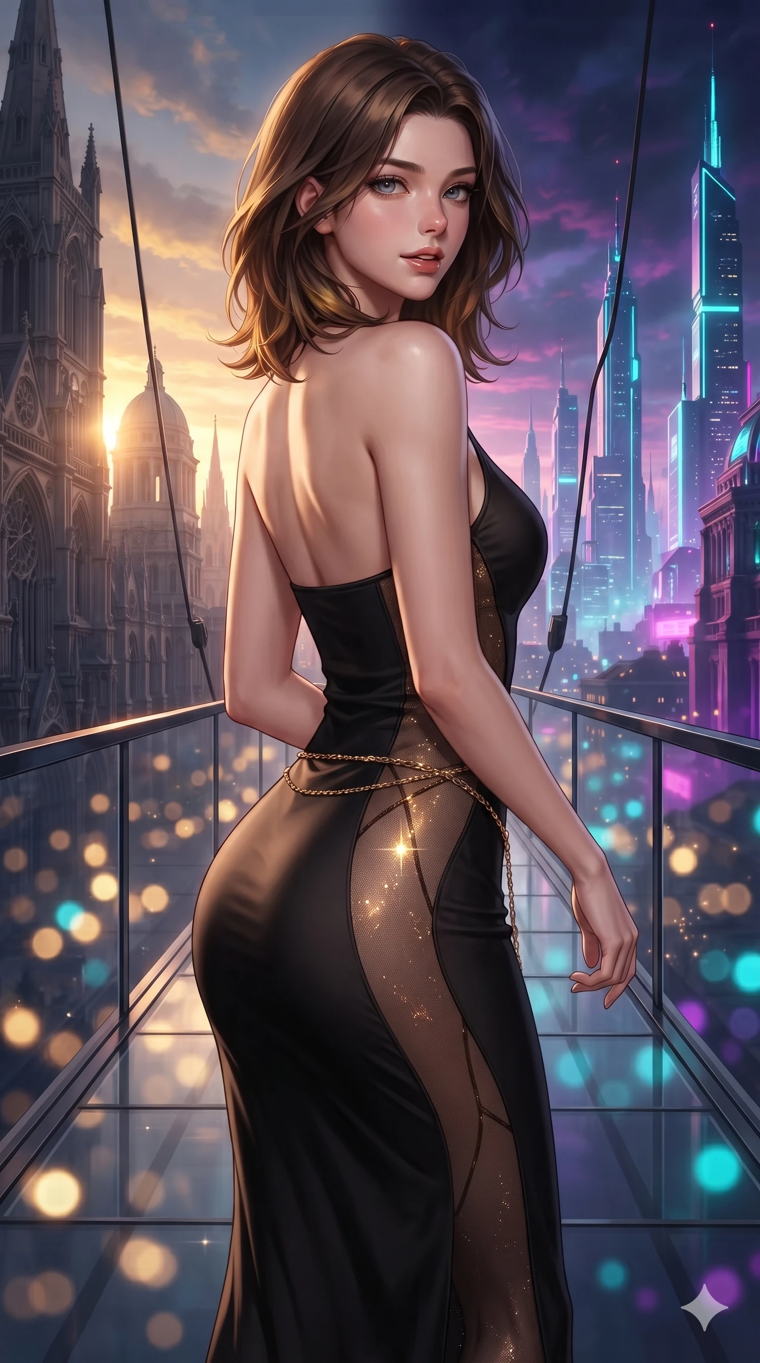 score_9, masterpiece, best quality, ultra-detailed, high-budget anime keyframe, editorial fashion photography, tasteful artistic composition, Korean woman. close-up cowboy shot from the waist and thighs up, the character dominates the composition, filling the frame with her large presence. posing in an alluring rear three-quarter angle, looking over a bare shoulder with parted glossy lips, her hips cocked back to highlight her slim hourglass curve while walking slowly along the suspended glass skybridge, looking back over her shoulder with an air of effortless grace and an alluring, smoldering smile as classical stone on one side transitions into gleaming neon cyber-spires on the other. The background shows a soft-focus gothic spires and neoclassical domes blending into soaring cyberpunk neon skyscrapers thousands of meters below blurred into gold, cyan, and deep violet bokeh. She has an exceptionally elegant, slender, and willowy female figure with an ultra-slim waist, flat toned midriff, narrow ribcage, and sculpted feminine hips creating an alluring, slim hourglass silhouette without bulk. sharp v-shaped jawline, high-bridge nose, intricate jewel-like sparkling eyes with depth, thick eyelashes, glossy parted lips with a natural sheen, intensely captivating and seductive bedroom-eyes expression, exuding both youthful cute charm and sovereign luxury allure, flawlessly proportioned anatomical accuracy, strict slender model proportions, natural body alignment, perfectly sculpted long slender limbs, ultra-slim waistline, clean dynamic posture without body distortion. wearing a second-skin black silk jersey maxi dress with asymmetrical sheer mesh side panels tracing the full curve of her hip in dark espresso brown and molten gold foil, woven from stretch metallic lurex jersey casting radiant starlight glints across her curves, accented with a delicate gold chain belt resting loosely on her curvy hips, the glove-like clinging cut tightly following the natural contour of her hips and long slender legs with youthful 8.5-heads elegance. bathed in the dramatic dual twilight lighting: warm golden sunset rays from the classical west and cool vibrant neon from the futuristic east. ultra-reflective glossy finish, specular highlights, rich textural contrasts, high-contrast stereoscopic depth, volumetric dynamic lighting, 2k, ultra detail, master piece, 9:16 ratio