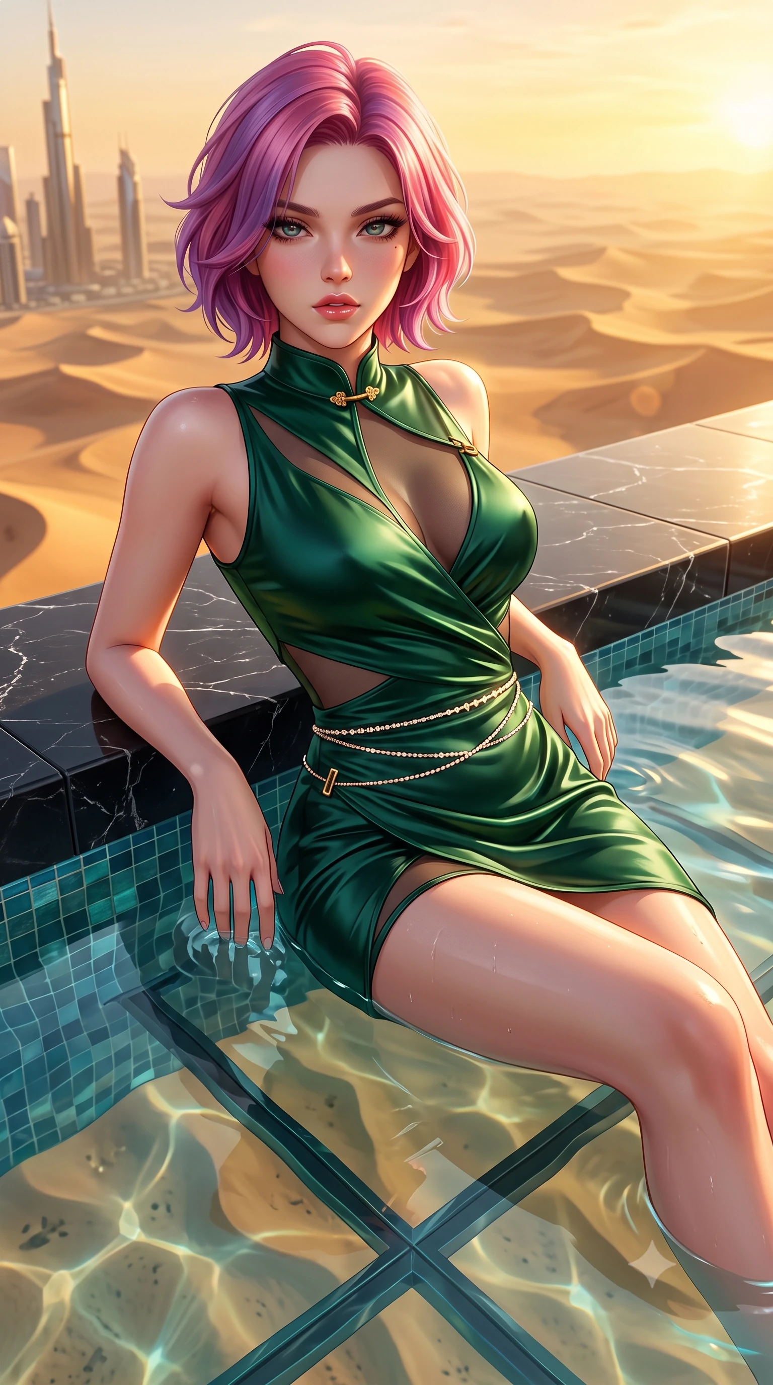 score_9, masterpiece, best quality, ultra-detailed, high-budget anime keyframe, semi-realistic 3D game render, editorial fashion photography, tasteful artistic composition, Caucasian woman. close-up cowboy shot from the waist and thighs up, the character dominates the composition, filling the frame with her large presence. leaning back with relaxed seductive grace, her sculpted collarbones and narrow waist highlighted as she casts smoldering bedroom-eyes directly into the camera while sitting on the black marble submerged ledge of the cantilevered glass pool 600 meters above the desert, water lapping at her hips as sunset bathes futuristic spires in gold. The surrounding environment is rendered in vivid detail and crisp panoramic clarity. sharp glass bottom floor seams, submerged mosaic tile caustics, and distant desert dune ridges in deep focus. She has an exceptionally elegant, slender, and willowy female figure with an ultra-slim waist, flat toned midriff, narrow ribcage, and sculpted feminine hips creating an alluring, slim hourglass silhouette without bulk. sharp v-shaped jawline, high-bridge nose, intricate jewel-like eyes with depth, thick eyelashes, glossy parted lips with a natural sheen, intensely captivating and seductive bedroom-eyes expression, flawlessly proportioned anatomical accuracy, strict slender model proportions, natural body alignment, perfectly sculpted long slender limbs, ultra-slim waistline, clean dynamic posture without body distortion. wearing a wet-look silk fusion wrap dress with asymmetrical sheer mesh cutouts and high Mandarin collar in deep emerald green satin and gold hardware, woven from layered gossamer chiffon with a weightless sweeping drape, accented with a dainty diamond waist chain catching the ambient light reflections, the form-contouring material adhering flawlessly to her sculpted flat midriff and slender torso, emphasizing her long leg lines and perfectly proportioned willowy build. bathed in glorious golden hour Arabian sunset backlighting and warm travertine stone bounce fill. highly saturated vibrant anime colors, detailed shading with soft gradients, rich glossy textures, high-contrast stereoscopic depth, volumetric dynamic lighting, master piece, 9:16 ratio