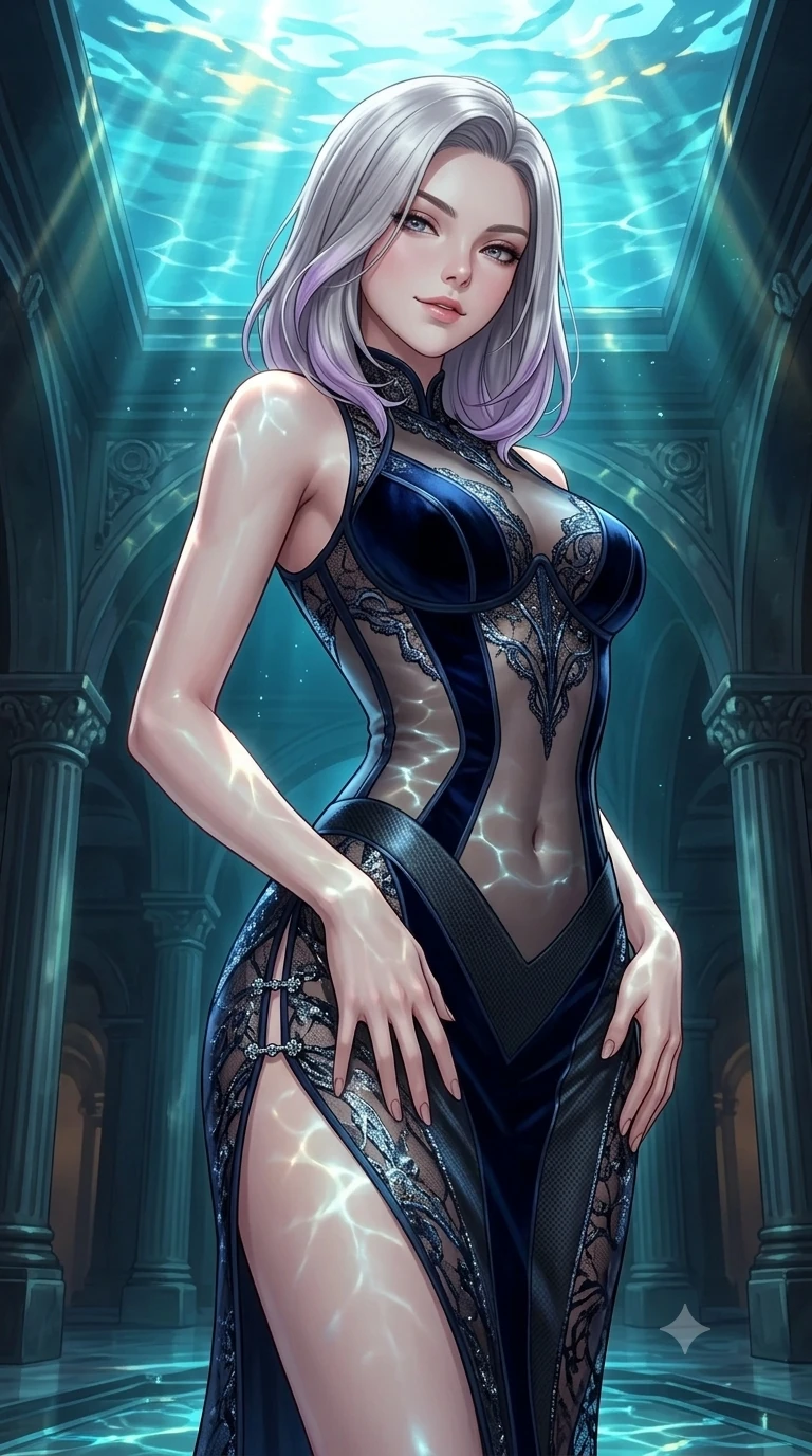 score_9, masterpiece, best quality, ultra-detailed, high-budget anime keyframe, semi-realistic 3D game render, editorial fashion photography, tasteful artistic composition, Caucasian woman. close-up cowboy shot from the waist and thighs up, the character dominates the composition, filling the frame with her large presence. tilting her head with a teasing half-smile, running one hand slowly down the side of her hip in a flirtatious S-curve while twisting her slender torso in an alluring contrapposto stance, shimmering water refractions from the ceiling pool dancing across her flat midriff and hips. The surrounding environment is rendered in vivid detail and crisp panoramic clarity: detailed sheer-illusion nanotech lace bodysuit cling, metallic foil flocking, and monumental underground architecture in razor-sharp clarity. She has an exceptionally elegant, slender, and willowy female figure with an ultra-slim waist, flat toned midriff, narrow ribcage, and sculpted feminine hips creating an alluring, slim hourglass silhouette without bulk. sharp v-shaped jawline, high-bridge nose, intricate jewel-like dark sparkling eyes with hypnotic seductive depth, thick curled eyelashes, glossy parted lips with a natural wine sheen, alluring bedroom-eyes with an enigmatic smoldering smile, exuding magnetic sovereign charisma and dark avant-garde glamour, flawlessly proportioned anatomical accuracy, strict slender model proportions, natural body alignment, perfectly sculpted long slender limbs, ultra-slim waistline, clean dynamic posture without body distortion. wearing a sheer-illusion mesh corset gown with strategic opaque velvet panels framing her waist and hips in midnight navy blue and smoky pitch black, woven from matte carbon-fiber weave with high-tech structural hold, finished with an ultra-high side slit secured by miniature jeweled clasps, the precision-cut side openings and low-back scoop framing her graceful spine and the sensual sweep of her slim, toned hips. bathed in mesmerizing aquatic turquoise and gold light caustics filtering down through the transparent ceiling pool. highly saturated vibrant anime colors, detailed shading with soft gradients, rich glossy textures, high-contrast stereoscopic depth, volumetric dynamic lighting, master piece, 9:16 ratio