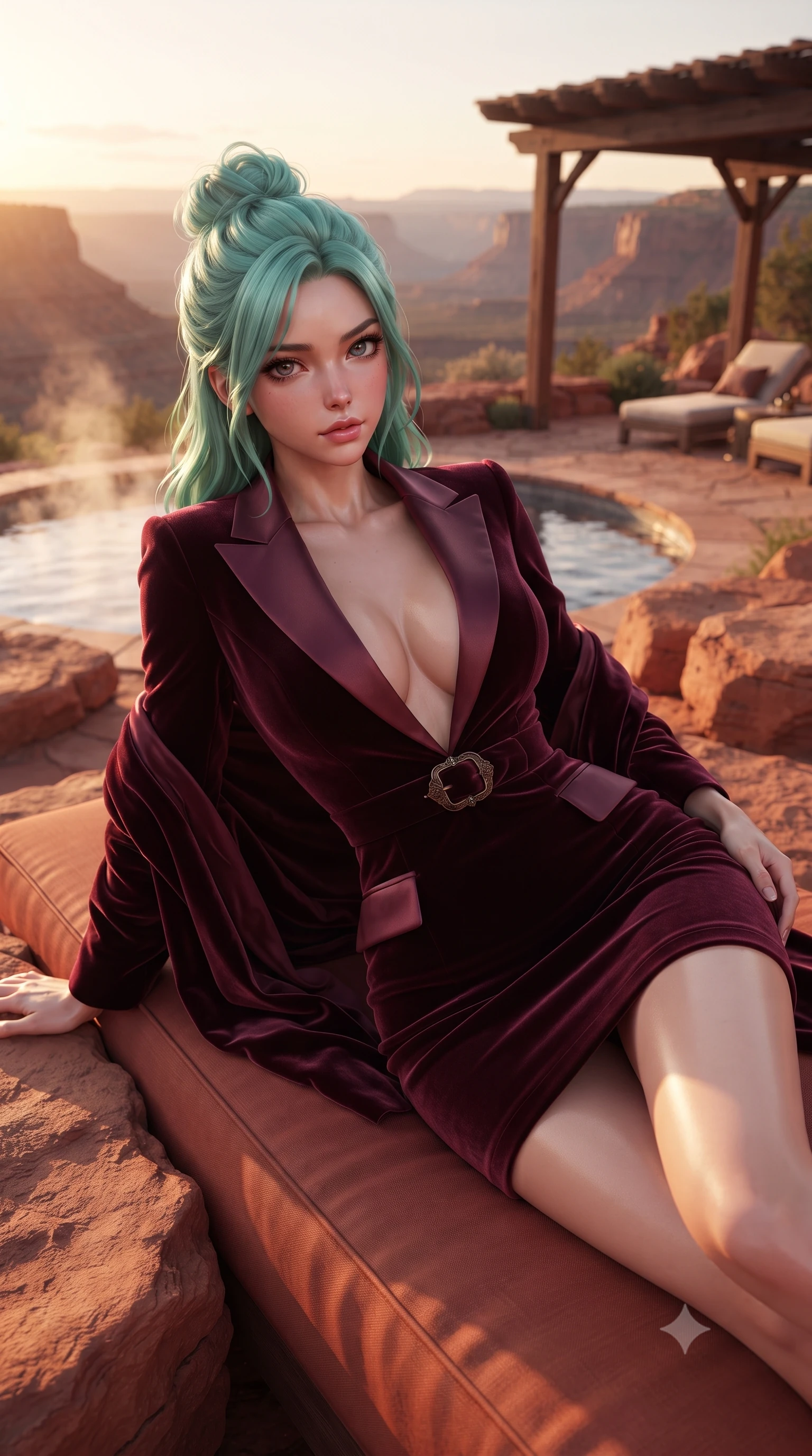 score_9, masterpiece, best quality, ultra-detailed, high-budget anime keyframe, editorial fashion photography, tasteful artistic composition, Japanese woman. close-up cowboy shot from the waist and thighs up, the character dominates the composition, filling the frame with her large presence. leaning back with relaxed seductive grace, her sculpted collarbones and narrow waist highlighted as she casts smoldering bedroom-eyes directly into the camera while reclining on a sun-warmed red rock terrace daybed propped on one elbow, arching her lower back to accentuate her curvy hips against the canyon panorama. The composition keeps background elements in soft focus with creamy bokeh. steaming pool water vapors and cedar shading pergolas softened in dreamy Southwestern shallow focus. She has an exceptionally elegant, slender, and willowy female figure with an ultra-slim waist, flat toned midriff, narrow ribcage, and sculpted feminine hips creating an alluring, slim hourglass silhouette without bulk. sharp v-shaped jawline, high-bridge nose, intricate jewel-like eyes with depth, thick eyelashes, glossy parted lips with a natural sheen, intensely captivating and seductive bedroom-eyes expression, flawlessly proportioned anatomical accuracy, strict slender model proportions, natural body alignment, perfectly sculpted long slender limbs, ultra-slim waistline, clean dynamic posture without body distortion. wearing a tailored velvet tuxedo jacket dress with satin lapels, worn with a deep plunge neckline and gold hip buckle in deep wine burgundy and antique bronze, tailored from ultra-smooth duchess satin with a pearlescent sheen, complemented by a plush velvet shawl draped loosely over her elbows, the second-skin form-contouring cut accentuating her sculpted flat midriff, narrow delicate ribcage, and gracefully curvy hips with supermodel precision. surrounded by an earthy, sacred, and deeply sensual desert goddess aura. ultra-reflective glossy finish, specular highlights, rich textural contrasts, high-contrast stereoscopic depth, volumetric dynamic lighting, 2k, ultra detail, master piece, 9:16 ratio