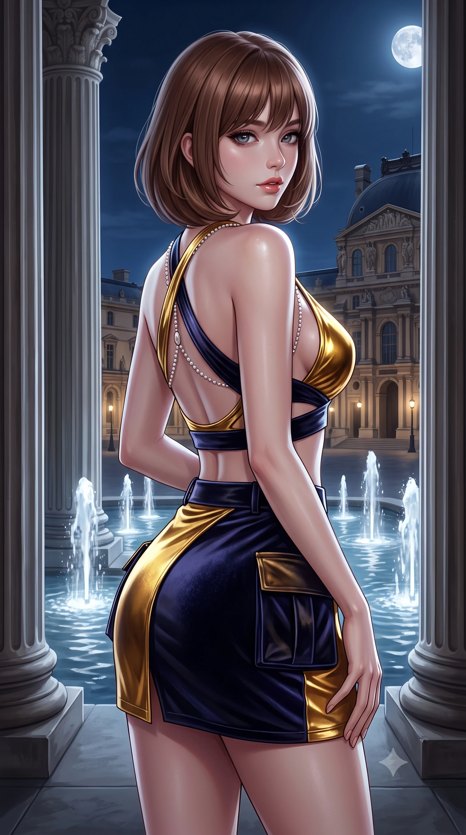 score_9, masterpiece, best quality, ultra-detailed, high-budget anime keyframe, semi-realistic 3D game render, editorial fashion photography, tasteful artistic composition, Caucasian woman. close-up cowboy shot from the waist and thighs up, the character dominates the composition, filling the frame with her large presence. posing in an alluring rear three-quarter angle, looking over a bare shoulder with parted glossy lips, her hips cocked back to highlight her slim hourglass curve while standing between massive classical fluted columns overlooking the illuminated fountains, arching her spine with sovereign nighttime grace. The surrounding environment is rendered in vivid detail and crisp panoramic clarity: detailed satin ballet leotard cling, moonlight glints on skin, and classical French neoclassical architecture in high resolution. She has an exceptionally elegant, slender, and willowy female figure with an ultra-slim waist, flat toned midriff, narrow ribcage, and sculpted feminine hips creating an alluring, slim hourglass silhouette without bulk. sharp v-shaped jawline, high-bridge nose, sparkling eyes with hypnotic seductive depth, thick curled eyelashes, glossy parted lips with a natural dewy peach sheen, alluring bedroom-eyes with an enchanting coquettish smile, exuding magnetic siren charisma and sophisticated glamour, flawlessly proportioned anatomical accuracy, strict slender model proportions, natural body alignment, perfectly sculpted long slender limbs, ultra-slim waistline, clean dynamic posture without body distortion. wearing a high-waisted tactical wrap mini skirt with dual utility pockets paired with a plunging criss-cross halter sports top in molten liquid gold and midnight indigo, tailored from ultra-plush velvet with rich tactile depth and deep shadow gradients, accented with a pearl-drop body harness subtly framing her dewy collarbones and spine, the precision-cut side openings and low-back scoop framing her graceful spine and the sensual sweep of her slim, toned hips. illuminated by fountain water caustic bounce and sharp platinum rim lights sculpting her delicate clavicles, narrow waist, and curvy hips. highly saturated vibrant anime colors, detailed shading with soft gradients, rich glossy textures, high-contrast stereoscopic depth, volumetric dynamic lighting, master piece, 9:16 ratio