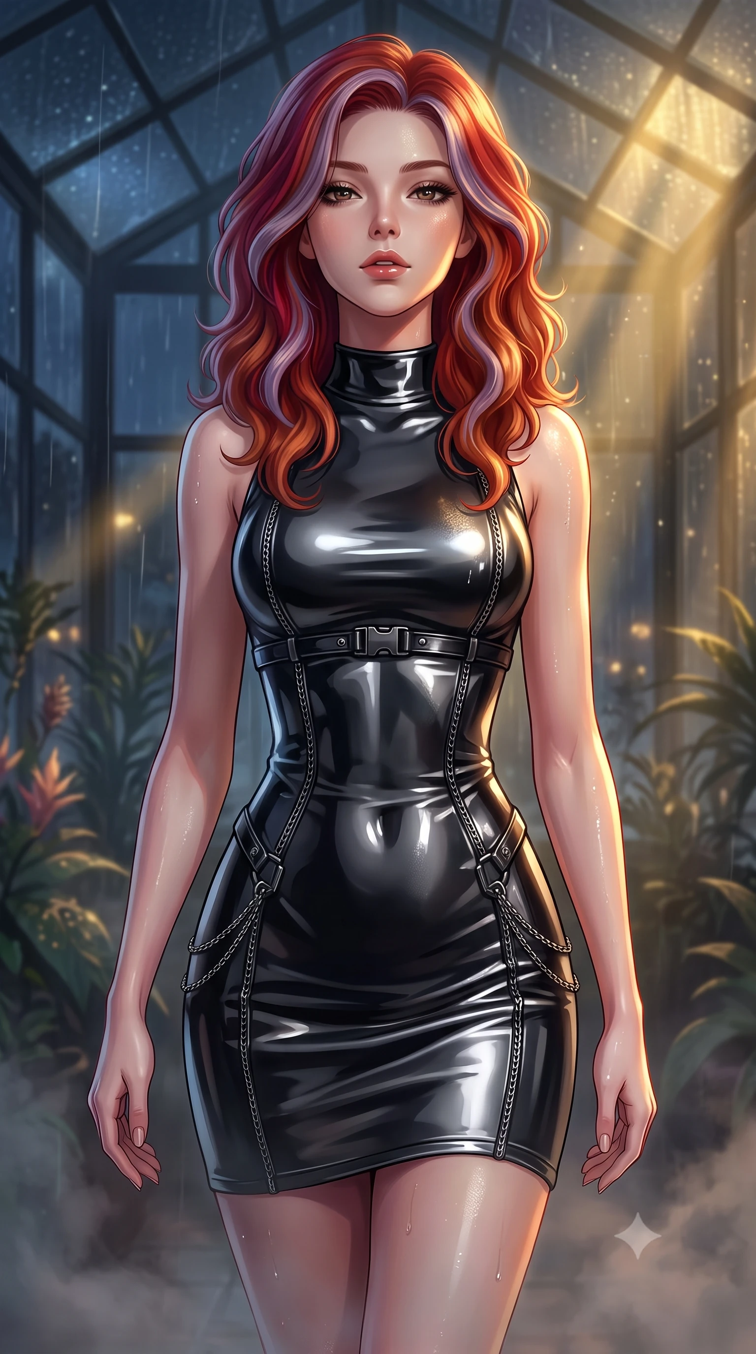 score_9, masterpiece, best quality, ultra-detailed, high-budget anime keyframe, editorial fashion photography, tasteful artistic composition, Caucasian woman. close-up cowboy shot from the waist and thighs up, the character dominates the composition, filling the frame with her large presence, background elements kept in soft focus. Tilting her chin up slightly with lips parted in a composed, magnetic expression, walking through a glass conservatory shrouded in thick midnight rain fog, cool night atmosphere outside contrasting with warm humid interior steam. She has an exceptionally elegant, slender, and willowy female figure with an ultra-slim waist, a gracefully sculpted slender torso, and a refined silhouette. sharp v-shaped jawline, high-bridge nose, intricate jewel-like eyes with depth, thick eyelashes, glossy lips with a natural sheen. wearing aerodynamic second-skin dark silver metallic bodycon dress in pitch-black onyx, made of high-gloss liquid vinyl, framed by dark titanium buckles and silver chain details, contouring every curve with an exceptionally elegant silhouette. lit by low-key golden rays piercing through rain-streaked glass. highly saturated vibrant anime colors, detailed shading with soft gradients, rich glossy textures, high-contrast stereoscopic depth, volumetric dynamic lighting, master piece, 9:16 ratio