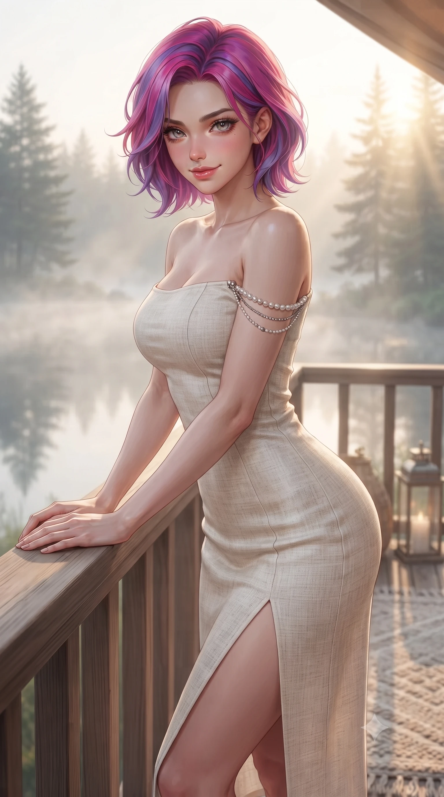score_9, masterpiece, best quality, ultra-detailed, high-budget anime keyframe, editorial fashion photography, tasteful artistic composition, Caucasian woman. close-up cowboy shot from the waist and thighs up, the character dominates the composition, filling the frame with her large presence, background elements kept in soft focus. leaning slightly forward with a playful, teasing smile, her gaze locked onto the viewer the background shows a soft-focus a glamping veranda overlooking a misty lake at dawn with pine trees in soft focus. She has an exceptionally elegant, slender, and willowy female figure with an ultra-slim waist, a gracefully sculpted slender torso, and a refined silhouette. sharp v-shaped jawline, high-bridge nose, intricate jewel-like eyes with depth, thick eyelashes, glossy lips with a natural sheen. wearing a body-hugging off-shoulder white linen summer dress featuring a high side slit ascending to mid-thigh. soft morning mist diffusing the warm sunbeams, creating a tranquil atmosphere. ultra-reflective glossy finish, specular highlights, metallic sheen, high-contrast stereoscopic depth, volumetric dynamic lighting, 2k, ultra detail, master piece, 9:16 ratio