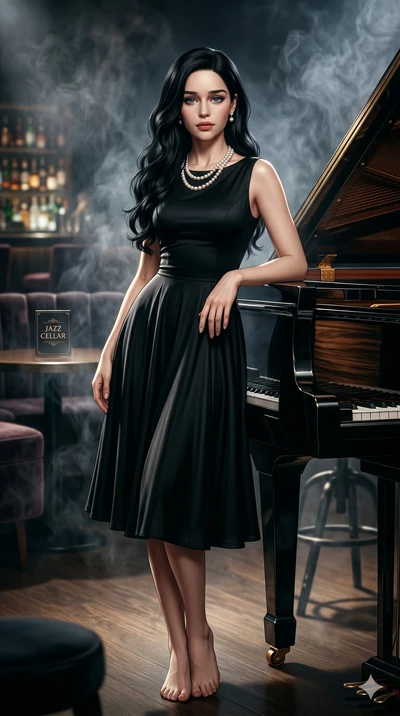score_9, score_8_up, score_7_up, source_anime, masterpiece, best quality, ultra-detailed, same character with long flowing black hair, wearing a classic elegant black cocktail dress and a pearl necklace, full body shot standing elegantly leaning agai