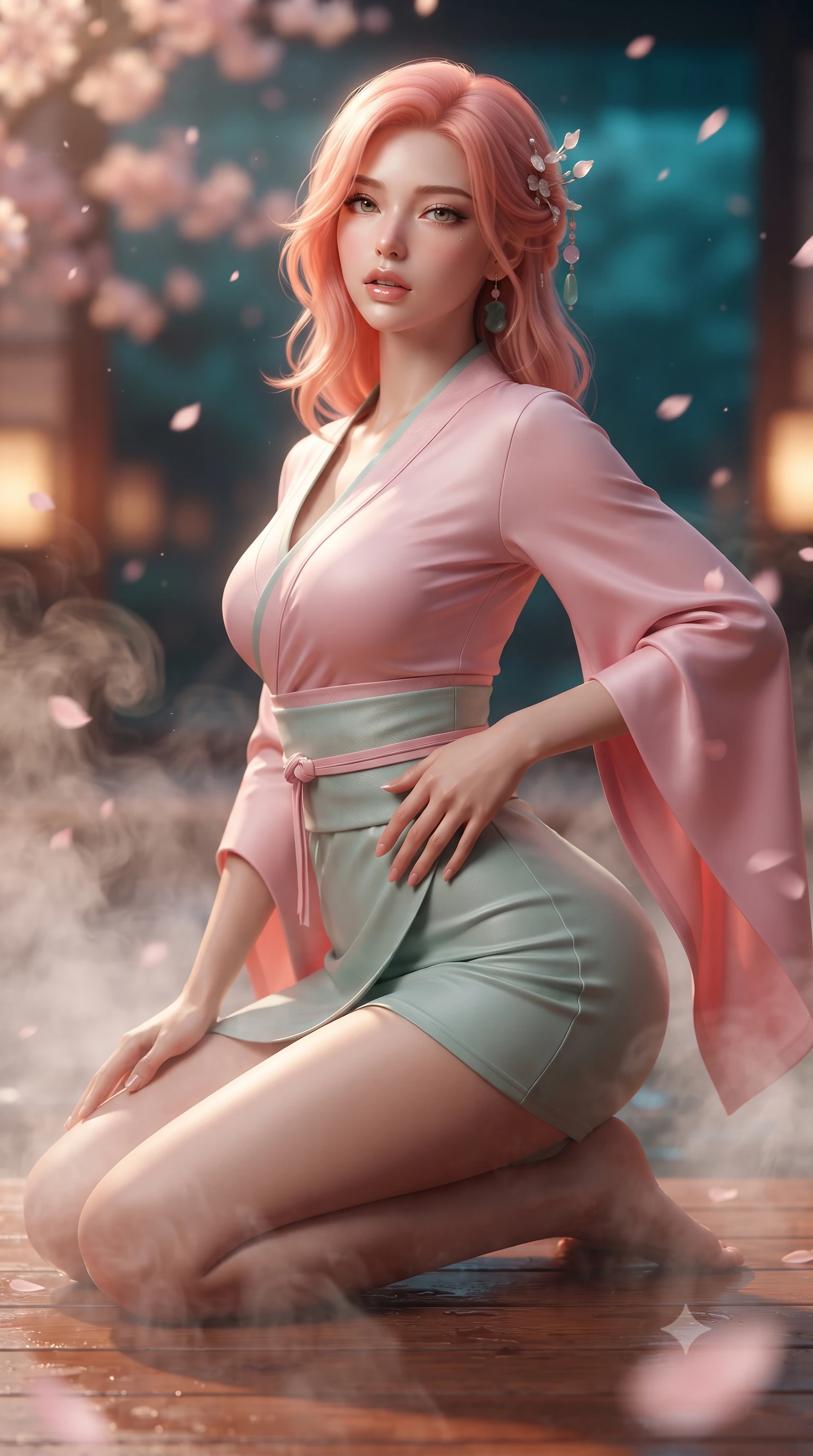 score_9, masterpiece, best quality, ultra-detailed, high-budget anime keyframe, editorial fashion photography, tasteful artistic composition, Japanese woman. close-up cowboy shot from the waist and thighs up, the character dominates the composition, filling the frame with her large presence. resting one manicured hand delicately on her hip bone, her upper body turning in a fluid, seductive S-curve while parted lips glisten in the light while kneeling gracefully on the warm wet cedar deck, one hand resting on her bare hip as thermal steam caresses her feminine curves. The composition keeps background elements in soft focus with creamy bokeh. swirling thermal steam clouds and falling sakura petals blurred into soft blossom-pink, warm amber, and deep cyan bokeh. She has an exceptionally elegant, slender, and willowy female figure with an ultra-slim waist, a gracefully sculpted slender torso, toned flat midriff, and rounded feminine hips creating an alluring hourglass silhouette. sharp v-shaped jawline, high-bridge nose, intricate jewel-like eyes with depth, thick eyelashes, glossy parted lips with a natural sheen, intensely captivating and seductive bedroom-eyes expression, flawlessly proportioned anatomical accuracy, strict slender model proportions, natural body alignment, perfectly sculpted long slender limbs, ultra-slim waistline, clean dynamic posture without body distortion. wearing a traditional-modern silk fusion wrap dress with asymmetric trailing sleeves and waist-cinching obi in lotus petal pink and jade mist, made of liquid bamboo jersey adhering seamlessly to her slender frame, accented with mother-of-pearl hair ornaments and a carved jade pendant, the glove-like aerodynamic silhouette tightly following the natural contour of her hips and long slender legs with statuesque precision. surrounded by an intimate, tranquil, and deeply sensual Japanese skylounge muse aura. ultra-reflective glossy finish, specular highlights, rich textural contrasts, high-contrast stereoscopic depth, volumetric dynamic lighting, 2k, ultra detail, master piece, 9:16 ratio