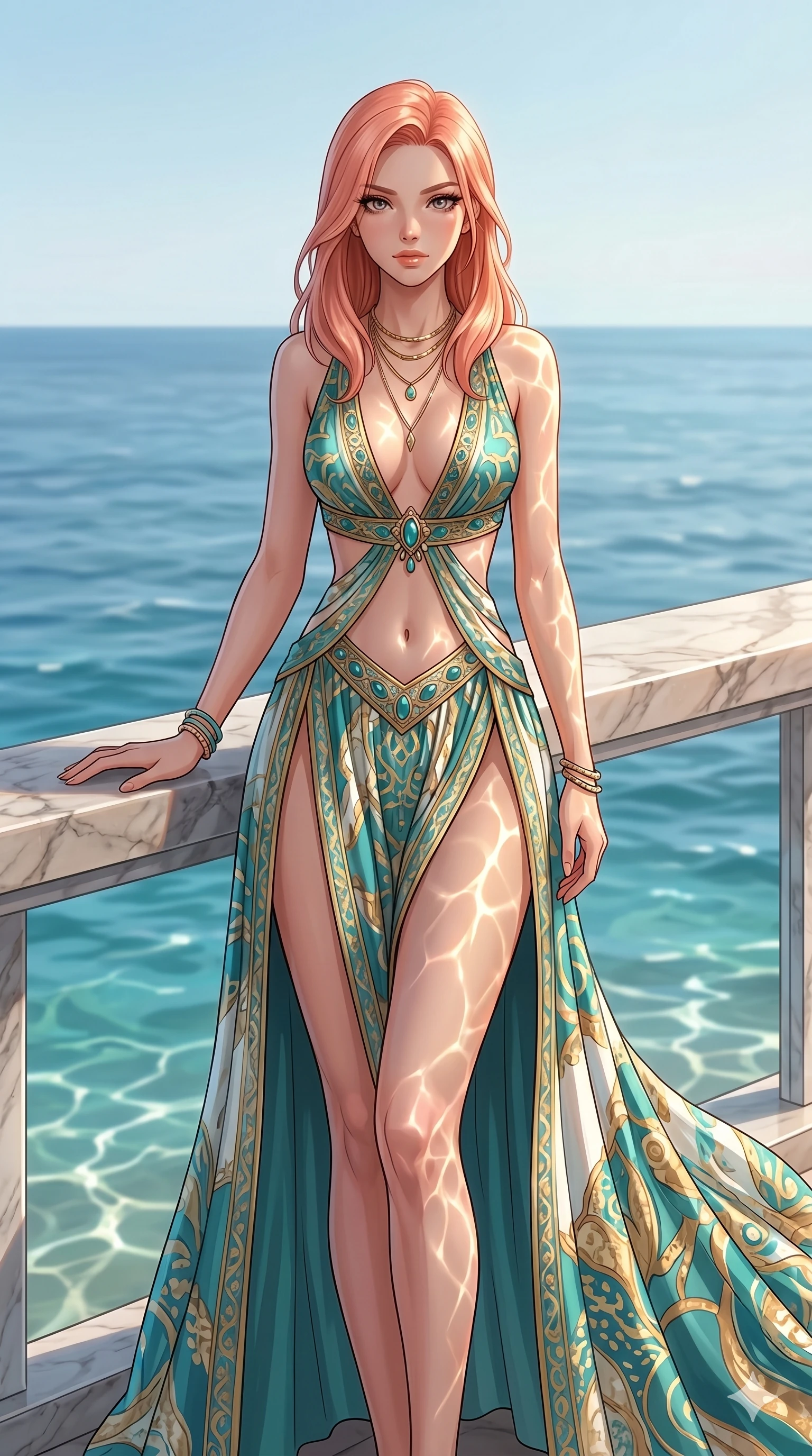 score_9, masterpiece, best quality, ultra-detailed, high-budget anime keyframe, editorial fashion photography, tasteful artistic composition, Japanese woman. cowboy shot from the thighs up, character and outfit filling the frame for maximum editorial presence. resting one hand on the marble railing, looking at the lens on a private sun-deck of a resort retreat overlooking the sea (Code-P19-122). She has an absolutely perfect 8-heads proportion, an exceptionally tall and slender female figure with impossibly long slender legs and an ultra-slim waist. V-shaped jawline, high-bridge nose, intricate jewel-like eyes with depth, thick eyelashes, glossy lips with a natural sheen. wearing a high-slit beach gown with exposed midriff and plunging neckline. reflections from the water casting shimmering light patterns. 2k, ultra detail, master piece, 9:16 ratio