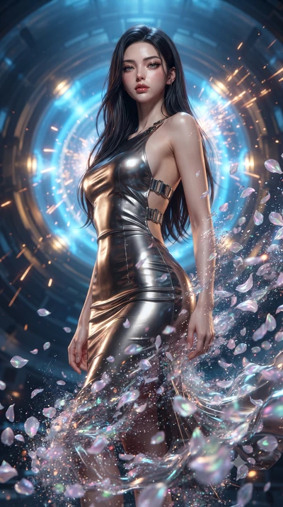score_9, masterpiece, best quality, ultra-detailed, High-budget Anime Keyframe, editorial fashion photography, tasteful artistic composition, realistic cosplay photography, East Asian woman. Low angle cowboy shot filling the entire 9:16 frame with he