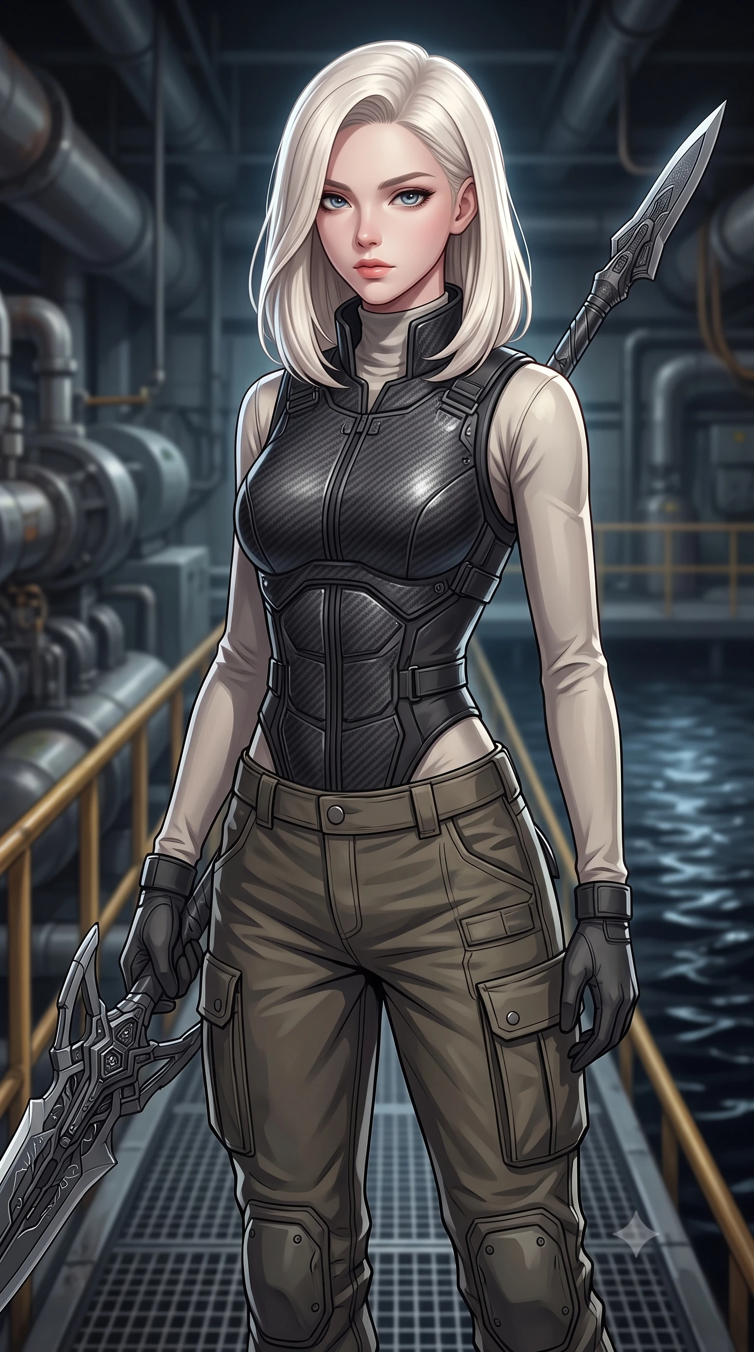 score_9, masterpiece, best quality, ultra-detailed, high-budget anime keyframe, editorial fashion photography, tasteful artistic composition, Caucasian woman. close-up cowboy shot from the waist and thighs up, the character dominates the composition, filling the frame with her large presence, background elements kept in soft focus. holding a deactivated nanotech glaive, looking past the camera with quiet, sharp focus and a composed expression, the background shows a soft-focus an engine assembly catwalk suspended over a boiling oil pool in a bunker. She has an exceptionally elegant, slender, and willowy female figure with an ultra-slim waist, a gracefully sculpted slender torso, and a refined silhouette. sharp v-shaped jawline, high-bridge nose, intricate jewel-like eyes with depth, thick eyelashes, glossy lips with a natural sheen. wearing a tailored tailored high-collar carbon-plated tactical vest worn over a high-neck protective utility undershirt and reinforced cargo pants. focused halogen spotlights casting sharp, detailed shadows across her build. highly saturated vibrant anime colors, detailed shading with soft gradients, rich glossy textures, high-contrast stereoscopic depth, volumetric dynamic lighting, master piece, 9:16 ratio
