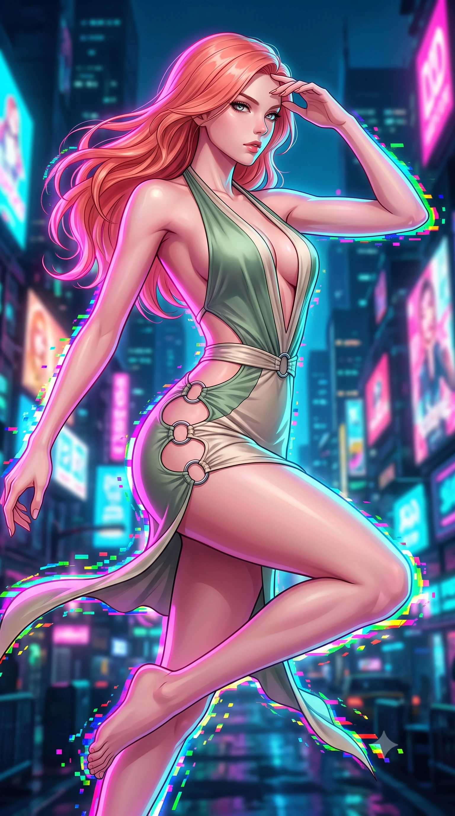 score_9, masterpiece, best quality, ultra-detailed, high-budget anime keyframe, editorial fashion photography, tasteful artistic composition, Japanese woman. close-up cowboy shot from the waist and thighs up, the character dominates the composition, filling the frame with her large presence, background elements kept in soft focus. Resting her fingers gracefully near her temple, casting a sharp mysterious side-gaze during her stride while turning in a dynamic mid-air stride with neon city billboards glowing below, RGB glitch noise patterns casting colorful pixel trails along her movement. She has an exceptionally elegant, slender, and willowy female figure with an ultra-slim waist, a gracefully sculpted slender torso, and a refined silhouette. sharp v-shaped jawline, high-bridge nose, intricate jewel-like eyes with depth, thick eyelashes, glossy lips with a natural sheen, flawlessly proportioned anatomical accuracy, natural body alignment, perfectly sculpted elegant limbs, clean dynamic posture without body distortion. wearing a deep-scoop halter bodycon dress with hip cutouts connected by silver rings in sage green and oatmeal, crafted from smooth liquid silk, accented with delicate chrome ring hardware framing her waist, the sleek second-skin texture accentuating her magnetic presence. drenched in intense neon magenta and cyan rim light with dark urban contrast. highly saturated vibrant anime colors, detailed shading with soft gradients, rich glossy textures, high-contrast stereoscopic depth, volumetric dynamic lighting, master piece, 9:16 ratio