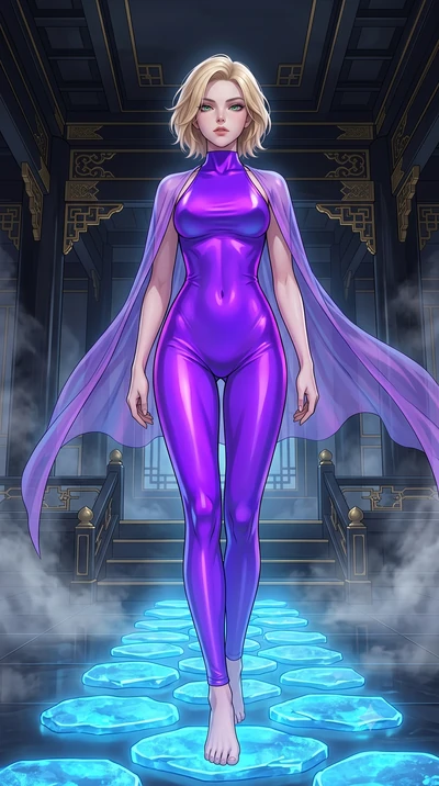 score_9, masterpiece, best quality, ultra-detailed, High-budget Anime Keyframe, Caucasian woman, strictly human ears. Low angle cowboy shot filling the entire 9:16 frame with her statuesque presence. Scenario 503: stepping across glowing azure stones