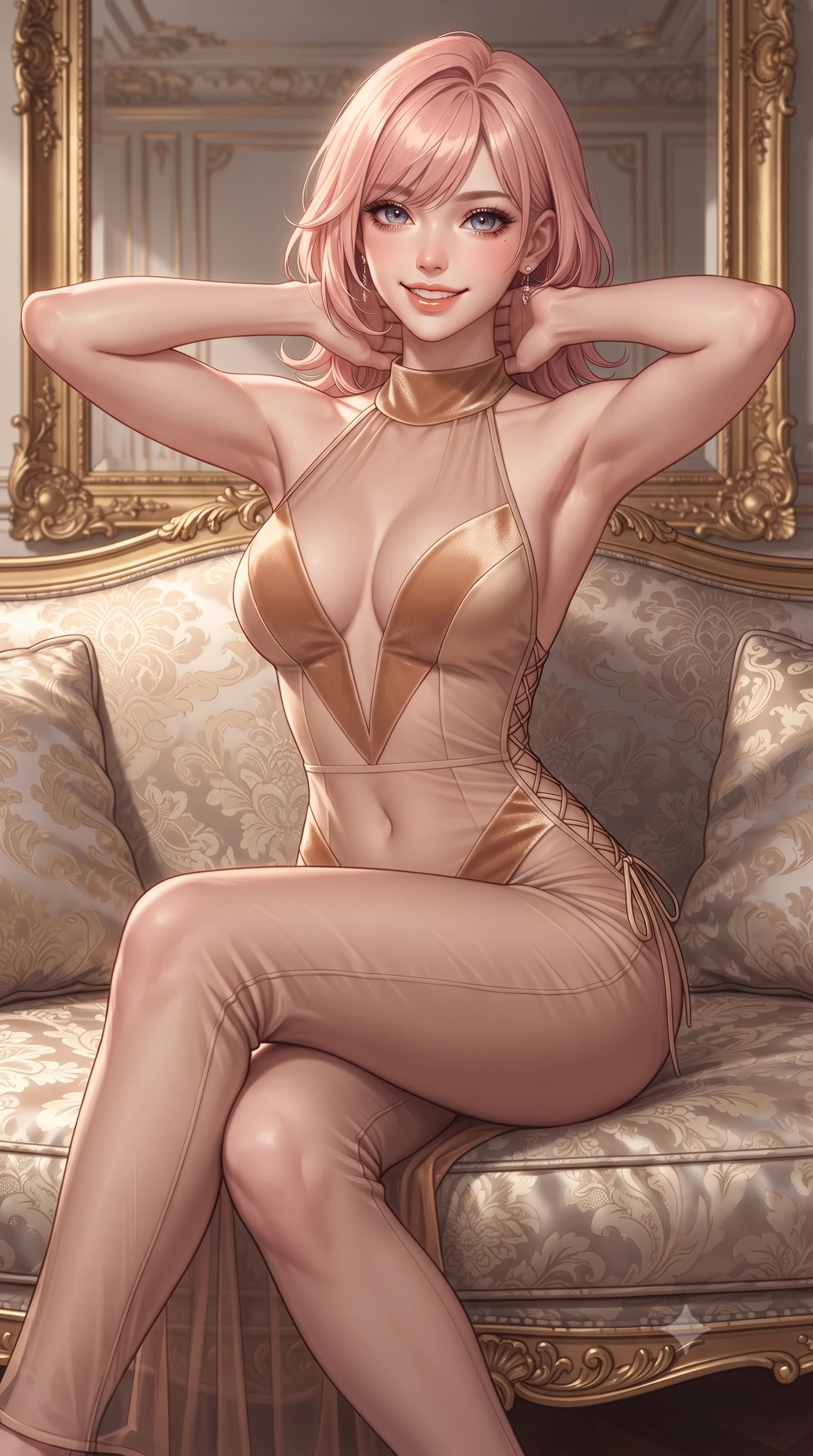 score_9, masterpiece, best quality, ultra-detailed, high-budget anime keyframe, editorial fashion photography, tasteful artistic composition, Japanese woman. close-up cowboy shot from the waist and thighs up, the character dominates the composition, filling the frame with her large presence. resting both hands lightly behind her neck with elbows raised, arching her spine to highlight her narrow waist, flat midriff, and breathtaking collarbones while sitting gracefully on the silk damask settee with legs crossed, holding a coupe of champagne with magnetic, teasing elegance. The surrounding environment is rendered in vivid detail and crisp panoramic clarity: detailed translucent silk chiffon boudoir slip with eyelash lace trims, open cowl back, and Gilded Age craft in high resolution. She has an exceptionally elegant, slender, and willowy female figure with an ultra-slim waist, flat toned midriff, narrow ribcage, and sculpted feminine hips creating an alluring, slim hourglass silhouette without bulk. sharp v-shaped jawline, high-bridge nose, intricate jewel-like sparkling eyes with depth, thick eyelashes, glossy parted lips with a natural peach sheen, bright cheerful beaming smile with an enchanting and coquettish sensual glint, exuding both youthful cute charm and seductive allure, flawlessly proportioned anatomical accuracy, strict slender model proportions, natural body alignment, perfectly sculpted long slender limbs, ultra-slim waistline, clean dynamic posture without body distortion. wearing a provocative backless sheer illusion halter catsuit with strategic velvet geometric panels hugging her hourglass waist in Beverly Hills honey champagne and warm toasted caramel, made of sheer gossamer chiffon that drapes softly against skin with airy translucence, featuring fine criss-cross lace-up side ties revealing tantalizing glimpses of her hip curve, the glove-like clinging cut tightly following the natural contour of her hips and long slender legs with youthful 8.5-heads elegance. illuminated by mirror reflection fill and sharp rose-gold rim lights defining her razor-sharp jawline, narrow waist, and curvy hips. ultra-reflective glossy finish, specular highlights, rich textural contrasts, high-contrast stereoscopic depth, volumetric dynamic lighting, 2k, ultra detail, master piece, 9:16 ratio