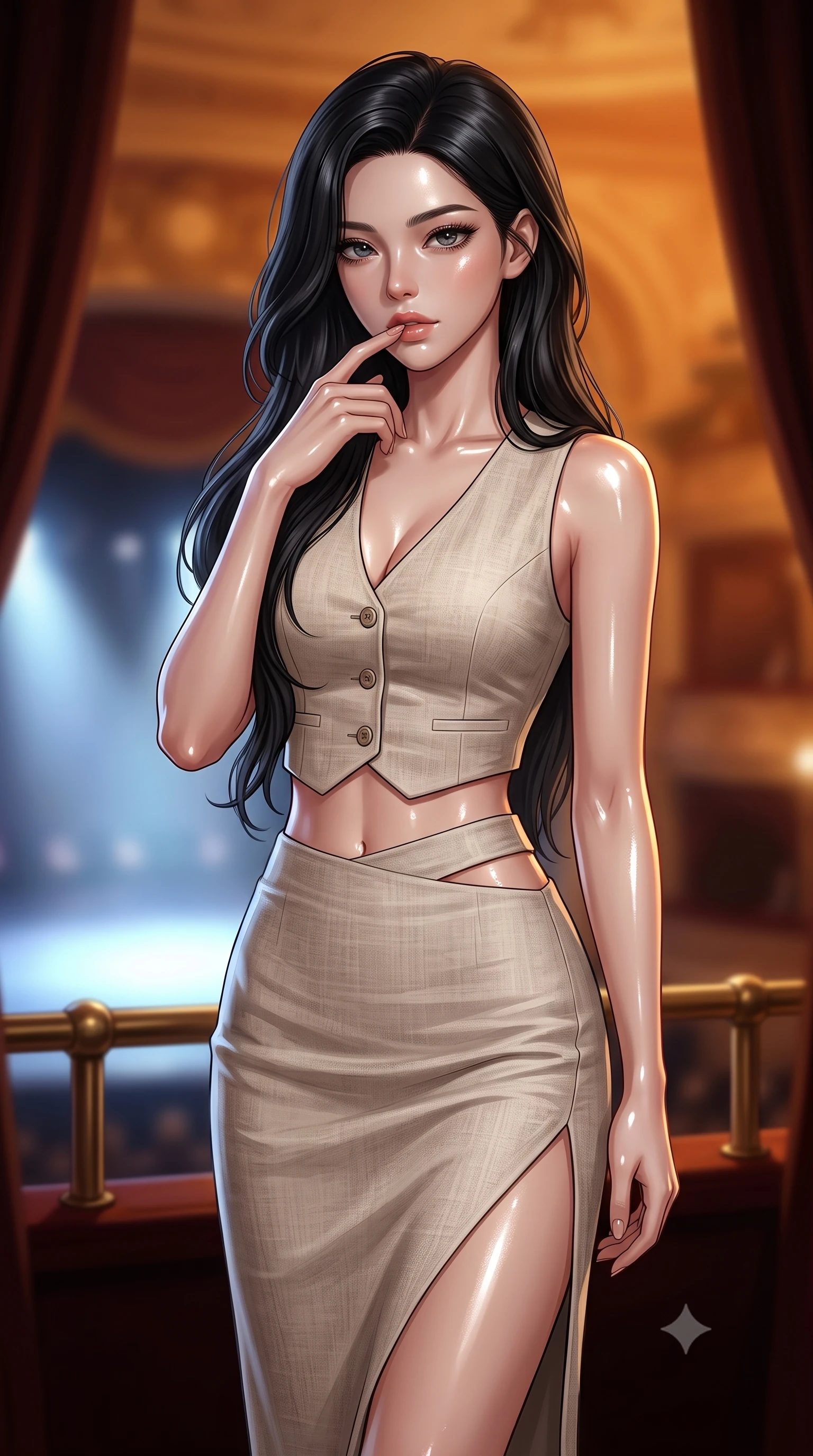 score_9, masterpiece, best quality, ultra-detailed, high-budget anime keyframe, editorial fashion photography, tasteful artistic composition, Korean woman. close-up cowboy shot from the waist and thighs up, the character dominates the composition, filling the frame with her large presence, background elements kept in soft focus. pressing one finger to her bottom lip in a thoughtful, seductive gesture under the warm sun the background shows a soft-focus a quiet opera box seat during a performance, with the stage glow in the background. She has an exceptionally elegant, slender, and willowy female figure with an ultra-slim waist, a gracefully sculpted slender torso, and a refined silhouette. sharp v-shaped jawline, high-bridge nose, intricate jewel-like eyes with depth, thick eyelashes, glossy lips with a natural sheen. wearing a tailored tailored vacation outfit of a linen crop vest and a matching side-slit midi skirt, revealing a subtle waist cutout. cool stage lighting contrasting with the warm amber glow of the private box. ultra-reflective glossy finish, specular highlights, metallic sheen, high-contrast stereoscopic depth, volumetric dynamic lighting, 2k, ultra detail, master piece, 9:16 ratio