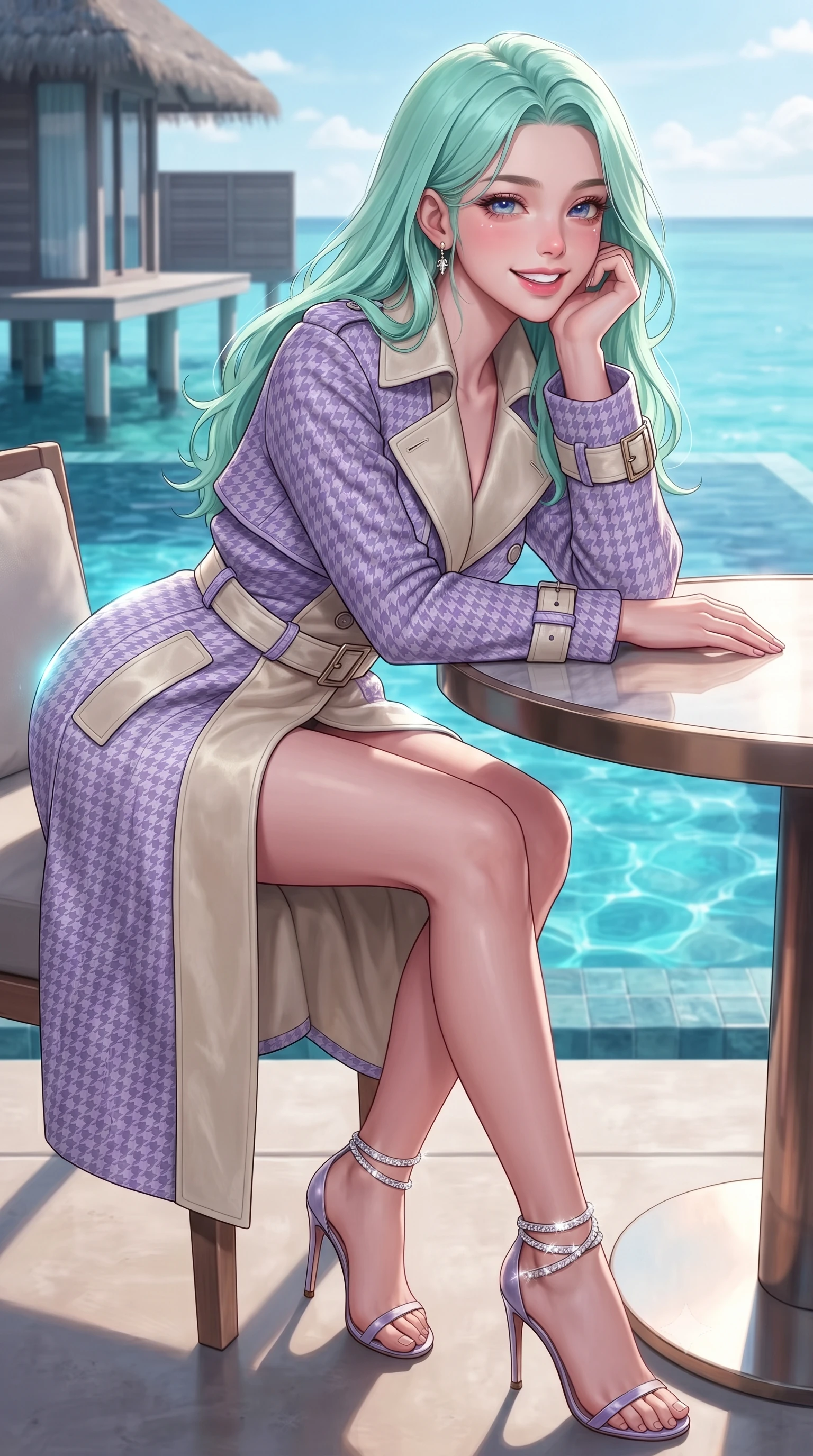 score_9, masterpiece, best quality, ultra-detailed, high-budget anime keyframe, editorial fashion photography, tasteful artistic composition, Japanese woman. close-up cowboy shot from the waist and thighs up, the character dominates the composition, filling the frame with her large presence. resting one elbow on the table and supporting her chin, leaning close to the camera with heavy-lidded sparkling eyes and parted lips while twisting her slender torso in an alluring contrapposto stance beside the private plunge pool, underwater reef lights wrapping around her narrow waist and hips. The surrounding environment is rendered in vivid detail and crisp panoramic clarity: detailed garment lines, wet cling or tailored fit, and overwater architectural craft in razor-sharp precision. She has an exceptionally elegant, slender, and willowy female figure with an ultra-slim waist, flat toned midriff, narrow ribcage, and sculpted feminine hips creating an alluring, slim hourglass silhouette without bulk. sharp v-shaped jawline, high-bridge nose, intricate jewel-like sparkling eyes with depth, thick eyelashes, glossy parted lips with a natural peach sheen, bright cheerful beaming smile with an enchanting and coquettish sensual glint, exuding both youthful cute charm and seductive allure, flawlessly proportioned anatomical accuracy, strict slender model proportions, natural body alignment, perfectly sculpted long slender limbs, ultra-slim waistline, clean dynamic posture without body distortion. wearing a structured Viennese secessionist houndstooth trench coat with belted waist and storm flaps in Luberon lavender purple and Provençal limestone cream, tailored from ultra-plush silk velvet with rich tactile depth and deep shadow gradients, complemented by strappy stiletto sandals with crystal ankle wraps accentuating her slender calves, the bespoke structured tailoring following the natural line of her 8.5-heads silhouette with refined elegance. illuminated by reef water caustics bounce and sharp platinum-cyan rim lights sculpting her jawline, narrow waist, and curvy hips. ultra-reflective glossy finish, specular highlights, rich textural contrasts, high-contrast stereoscopic depth, volumetric dynamic lighting, 2k, ultra detail, master piece, 9:16 ratio