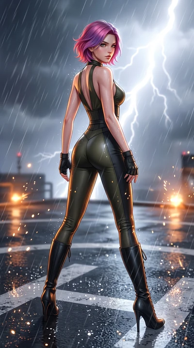 score_9, masterpiece, best quality, ultra-detailed, high-budget anime keyframe, semi-realistic 3D game render, editorial fashion photography, tasteful artistic composition, Caucasian woman. low angle full-body shot from head to toe showing her feet, 