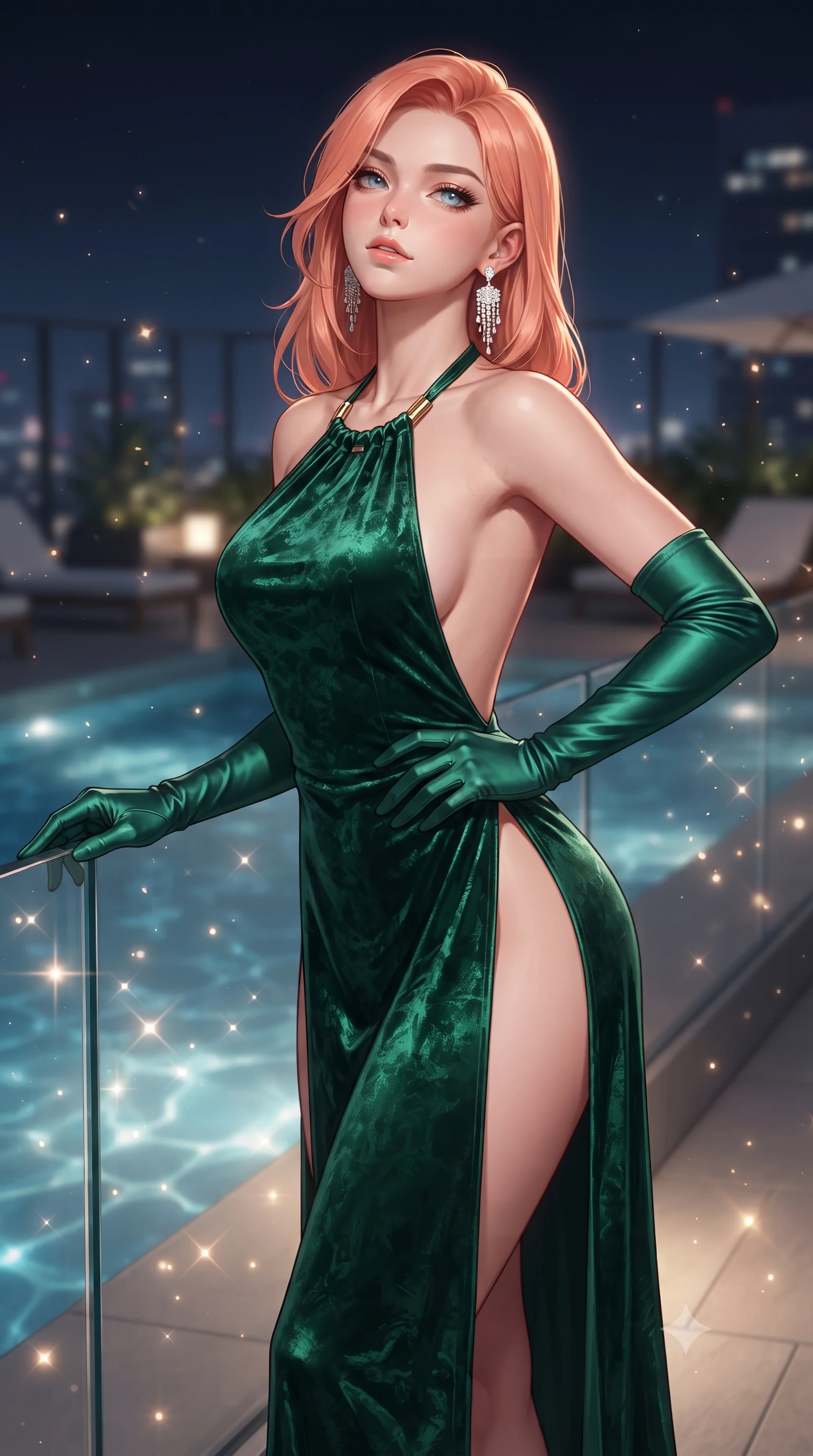 score_9, masterpiece, best quality, ultra-detailed, high-budget anime keyframe, editorial fashion photography, tasteful artistic composition, Japanese woman. close-up cowboy shot from the waist and thighs up, the character dominates the composition, filling the frame with her large presence. tilting her chin up with proud, sovereign allure while gazing through thick eyelashes, one hand resting on her waist in pure supermodel charisma while resting both hands on the low glass railing with lower back arched, casting an alluring over-the-shoulder bedroom-glance toward the camera. The composition keeps background elements in soft focus with creamy bokeh. shimmering pool caustics and city light reflections scattering radiant light motes across the deck. She has an exceptionally elegant, slender, and willowy female figure with an ultra-slim waist, a gracefully sculpted slender torso, toned flat midriff, and rounded feminine hips creating an alluring hourglass silhouette. sharp v-shaped jawline, high-bridge nose, intricate jewel-like eyes with depth, thick eyelashes, glossy parted lips with a natural sheen, intensely captivating and seductive bedroom-eyes expression, flawlessly proportioned anatomical accuracy, strict slender model proportions, natural body alignment, perfectly sculpted long slender limbs, ultra-slim waistline, clean dynamic posture without body distortion. wearing a halter-neck liquid metallic gown with open side slits ascending to the high hip in deep emerald green satin and gold hardware, crafted from heavyweight crushed silk velvet with liquid luster, complemented by opera-length satin gloves and sparkling chandelier earrings, the dramatically scooped open back descending to the base of her spine, accentuating her razor-sharp statuesque lines and curvy hourglass silhouette. illuminated by crisp directional edge lights sharply sculpting her slender waist and curvy feminine hips. ultra-reflective glossy finish, specular highlights, rich textural contrasts, high-contrast stereoscopic depth, volumetric dynamic lighting, 2k, ultra detail, master piece, 9:16 ratio