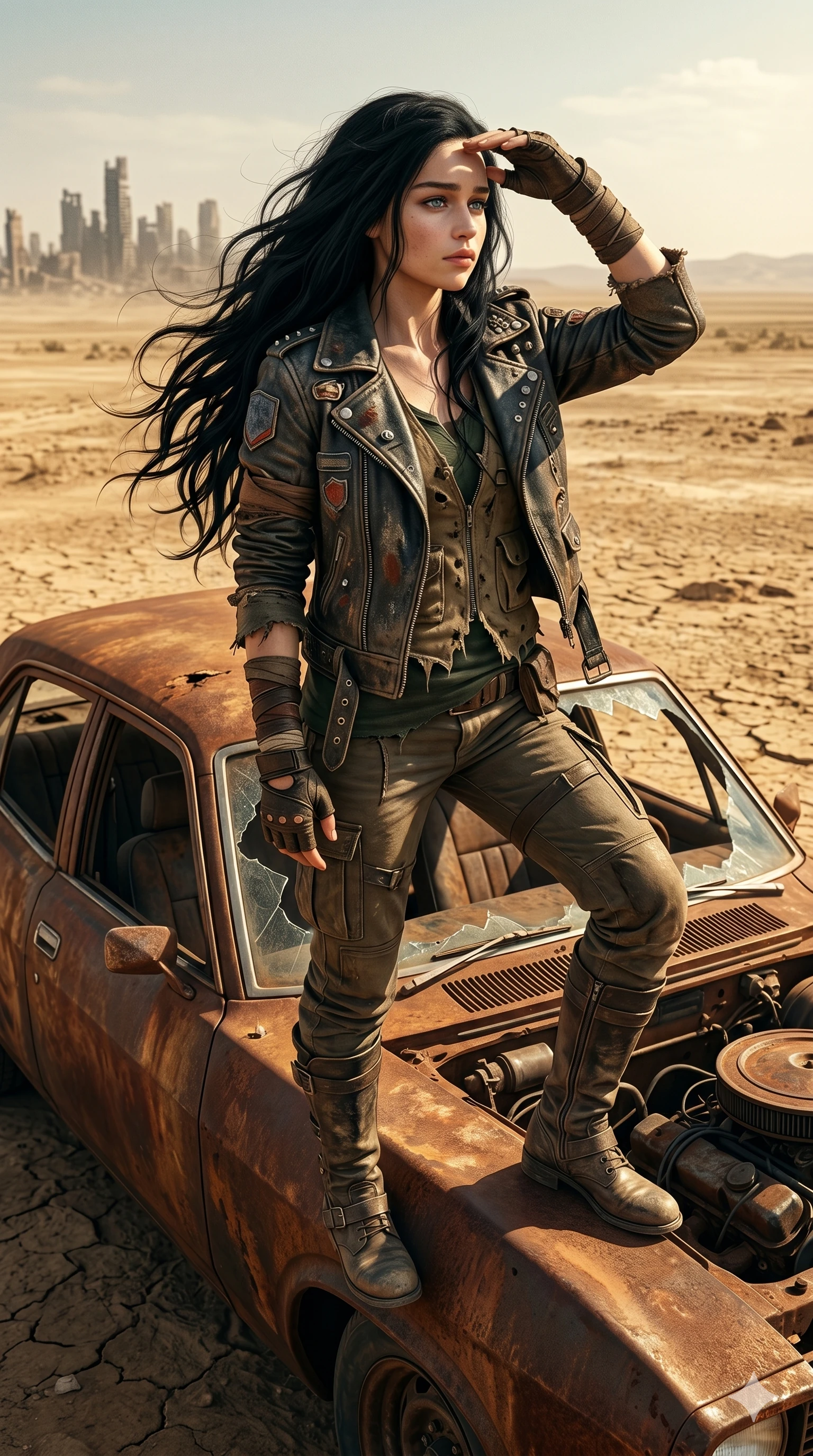 score_9, score_8_up, score_7_up, source_anime, masterpiece, best quality, ultra-detailed, same character with long flowing black hair, wearing rugged post-apocalyptic scavenger gear with a worn leather jacket and boots, full body shot standing on the hood of a rusted abandoned car looking out at the horizon, desert wasteland, ruined city silhouette in distance, harsh sunlight, 2k, 9:16 ratio