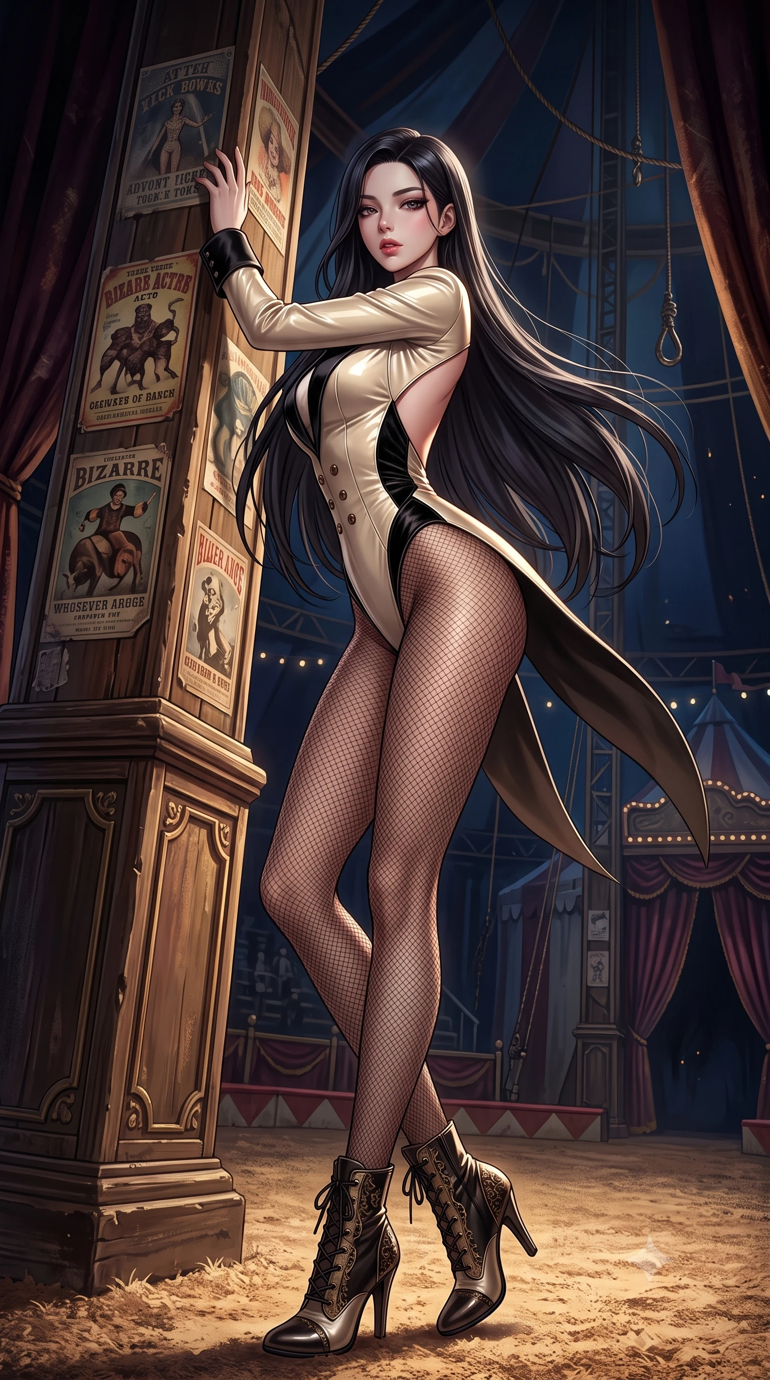 score_9, masterpiece, best quality, ultra-detailed, high-budget anime keyframe, semi-realistic 3D game render, editorial fashion photography, tasteful artistic composition, Korean woman. low angle full-body shot from head to toe showing her feet, filling the entire 9:16 vertical frame with her statuesque presence, stretching her vertical silhouette. leaning deep against the structural architecture with hips cocked in an unapologetically bold, seductive high-fashion stance while pivoting dynamically on the sawdust arena floor, her tailored garments fluttering to accentuate her statuesque hips and long slender legs. The surrounding environment is rendered in vivid detail and crisp panoramic clarity. intense theatrical chiaroscuro and decadent dark carnival aesthetics rendered with precision. She has an absolutely perfect, statuesque 8.5-heads proportion, an exceptionally tall and slender model-like female figure with impossibly long slender legs, a toned flat midriff, an ultra-slim waist, and beautifully sculpted feminine hips. sharp v-shaped jawline, high-bridge nose, intricate jewel-like eyes with depth, thick eyelashes, glossy parted lips with a natural sheen, intensely captivating and seductive bedroom-eyes expression, flawlessly proportioned anatomical accuracy, strict slender model proportions, natural body alignment, perfectly sculpted long slender limbs, ultra-slim waistline, clean dynamic posture without body distortion. wearing a tailored velvet ringmaster tuxedo bodysuit with an open back, high-cut leg openings, and satin lapels in vintage champagne ivory and black satin, tailored from second-skin aerodynamic stretch vinyl with specular sheen, finished with sheer fishnet tights accentuating her long slender legs, the liquid-tight tailored fabric clinging flawlessly to her narrow waist and rounded feminine hips, emphasizing every millimeter of her sculpted hourglass curves during movement. surrounded by an eccentric, spellbinding, and dangerously seductive circus queen aura. highly saturated vibrant anime colors, detailed shading with soft gradients, rich glossy textures, high-contrast stereoscopic depth, volumetric dynamic lighting, master piece, 9:16 ratio