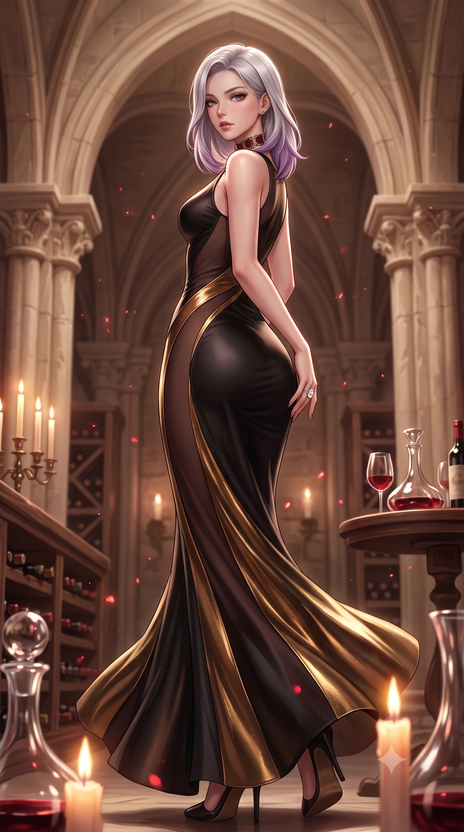 score_9, masterpiece, best quality, ultra-detailed, high-budget anime keyframe, semi-realistic 3D game render, editorial fashion photography, tasteful artistic composition, Caucasian woman. low angle full-body shot from head to toe showing her feet, filling the entire 9:16 vertical frame with her statuesque presence, stretching her vertical silhouette. executing an elegant mid-motion pivot turn as garments swirl around her slender limbs, glancing over her shoulder with an intoxicating bedroom-gaze while standing poised between towering limestone arches and dusty vintage wine racks, twisting her torso in a deep contrapposto stance to display her feminine hourglass curves. The composition keeps background elements in soft focus with creamy bokeh. dancing candle flames and crystal wine decanter refractions scattering warm crimson light motes. She has an absolutely perfect, statuesque 8.5-heads proportion, an exceptionally tall and slender model-like female figure with impossibly long slender legs, a toned flat midriff, an ultra-slim waist, and beautifully sculpted feminine hips. sharp v-shaped jawline, high-bridge nose, intricate jewel-like eyes with depth, thick eyelashes, glossy parted lips with a natural sheen, intensely captivating and seductive bedroom-eyes expression, flawlessly proportioned anatomical accuracy, strict slender model proportions, natural body alignment, perfectly sculpted long slender limbs, ultra-slim waistline, clean dynamic posture without body distortion. wearing a second-skin black silk jersey maxi dress with asymmetrical sheer mesh side panels tracing the full curve of her hip in dark espresso brown and molten gold foil, crafted from luxurious metallic lamé that shifts radiance with every step, complemented by a bold antique garnet choker and sparkling cocktail ring, the glove-like aerodynamic silhouette tightly following the natural contour of her hips and long slender legs with statuesque precision. illuminated by rich specular rim lights defining her razor-sharp jawline, narrow waist, and curvy hips. highly saturated vibrant anime colors, detailed shading with soft gradients, rich glossy textures, high-contrast stereoscopic depth, volumetric dynamic lighting, master piece, 9:16 ratio