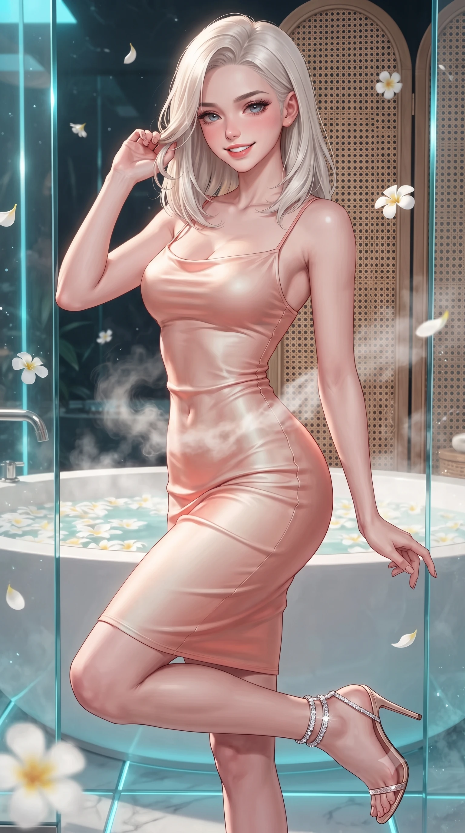 score_9, masterpiece, best quality, ultra-detailed, high-budget anime keyframe, editorial fashion photography, tasteful artistic composition, Caucasian woman. close-up cowboy shot from the waist and thighs up, the character dominates the composition, filling the frame with her large presence. gently brushing a lock of hair behind her ear while casting a playful, flirtatious side-gaze with long eyelashes while twisting her slender torso in an alluring S-curve beside the fragrant frangipani flower bath, aromatic steam wrapping around her narrow waist and hips. The surrounding environment is rendered in vivid detail and crisp panoramic clarity: sharp tempered glass clarity, floating white frangipani flower petals, and hand-woven rattan screen patterns in deep focus. She has an exceptionally elegant, slender, and willowy female figure with an ultra-slim waist, flat toned midriff, narrow ribcage, and sculpted feminine hips creating an alluring, slim hourglass silhouette without bulk. sharp v-shaped jawline, high-bridge nose, intricate jewel-like sparkling eyes with depth, thick eyelashes, glossy parted lips with a natural peach sheen, bright cheerful beaming smile with an enchanting and coquettish sensual glint, exuding both youthful cute charm and seductive allure, flawlessly proportioned anatomical accuracy, strict slender model proportions, natural body alignment, perfectly sculpted long slender limbs, ultra-slim waistline, clean dynamic posture without body distortion. wearing a form-fitting Bohemian liquid silk jersey cocktail dress clinging smoothly to her narrow waist and rounded hips in North Malé sandbank mother-of-pearl and warm coral blush, crafted from fluid liquid silk satin that clings smoothly to her narrow waist and rounded hips with a dewy sheen, complemented by strappy stiletto sandals with crystal ankle wraps accentuating her slender calves, the impeccably tailored cut draping gracefully along her slender figure with aristocratic poise. illuminated by glass floor reflection bounce and sharp platinum-cyan rim lights defining her dewy collarbones, ultra-slim waist, and curvy hips. ultra-reflective glossy finish, specular highlights, rich textural contrasts, high-contrast stereoscopic depth, volumetric dynamic lighting, 2k, ultra detail, master piece, 9:16 ratio