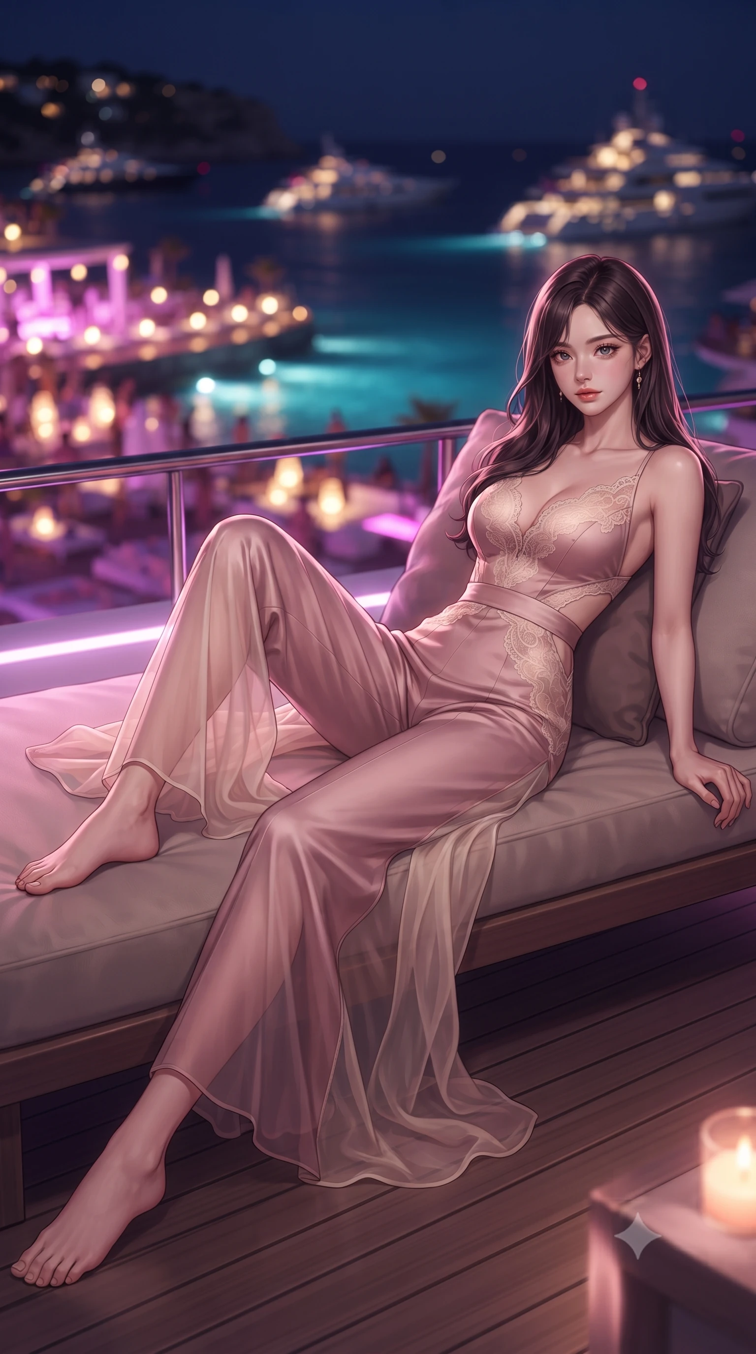 score_9, masterpiece, best quality, ultra-detailed, high-budget anime keyframe, editorial fashion photography, tasteful artistic composition, Korean woman. low angle full-body shot from head to toe showing her feet, filling the entire 9:16 vertical frame with her statuesque presence, stretching her vertical silhouette. reclining gracefully across the plush chaise lounge with one leg extended, her sculpted silhouette and flat midriff radiating magnetic nocturnal glamour while twisting her slender torso in an alluring contrapposto stance, ambient purple deck lights and coastal bass waves tracing her curves. The background shows a soft-focus the glowing neon lights of Cala Jondal beach clubs, anchored superyachts, and turquoise cove water blurred into magenta, gold, and violet bokeh. She has an absolutely perfect, statuesque 8.5-heads proportion, an exceptionally tall and slender model-like female figure with impossibly long slender legs, an ultra-slim waist, a flat toned midriff, narrow delicate ribcage, and beautifully sculpted feminine hips creating a graceful, slim hourglass silhouette without any bulky heaviness. sharp v-shaped jawline, high-bridge nose, sparkling eyes with hypnotic seductive depth, thick curled eyelashes, glossy parted lips with a natural dewy peach sheen, alluring bedroom-eyes with an enchanting coquettish smile, exuding magnetic siren charisma and sophisticated glamour, flawlessly proportioned anatomical accuracy, strict slender model proportions, natural body alignment, perfectly sculpted long slender limbs, ultra-slim waistline, clean dynamic posture without body distortion. wearing a backless plunge-front silk satin jumpsuit with fluid wide-leg silhouette and side hip cutouts in dusky blush pink and warm ivory lace, made of sheer gossamer chiffon that drapes softly against skin with airy translucence, finished with scalloped eyelash lace trim framing her sweetheart neckline with intimate elegance, the second-skin tailored fabric adhering flawlessly to her sculpted flat midriff and slender torso, emphasizing her long leg lines and perfectly proportioned willowy build. illuminated by high-gloss deck reflections and sharp magenta-gold rim lights sculpting her jawline, flat midriff, and voluptuous hip curves. ultra-reflective glossy finish, specular highlights, rich textural contrasts, high-contrast stereoscopic depth, volumetric dynamic lighting, 2k, ultra detail, master piece, 9:16 ratio