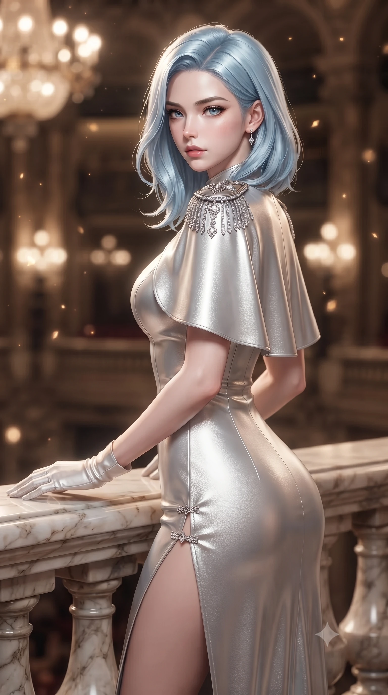 score_9, masterpiece, best quality, ultra-detailed, high-budget anime keyframe, editorial fashion photography, tasteful artistic composition, Korean woman. close-up cowboy shot from the waist and thighs up, the character dominates the composition, filling the frame with her large presence. turning over her shoulder with an indomitable, smoldering gaze, her soft hair framing her razor-sharp v-shaped jawline while resting one gloved hand on the polished marble railing with majestic high-society poise. The composition keeps background elements in soft focus with creamy bokeh. shimmering chandelier prism refractions scattering warm champagne light motes across the royal theater. She has an exceptionally elegant, slender, and willowy female figure with an ultra-slim waist, a gracefully sculpted slender torso, toned flat midriff, and a refined slim silhouette. sharp v-shaped jawline, high-bridge nose, intricate jewel-like eyes with depth, thick eyelashes, glossy lips with a natural sheen, captivating and magnetic expression, flawlessly proportioned anatomical accuracy, strict slender model proportions, natural body alignment, perfectly sculpted long slender limbs, ultra-slim waistline, clean dynamic posture without body distortion. wearing a modern royal capelet gown with platinum shoulder epaulets and a slender column skirt in pristine arctic white and metallic silver, crafted from luxurious metallic lamé that shifts radiance with every step, finished with an ultra-high side slit secured by miniature jeweled clasps, the form-contouring material adhering flawlessly to her sculpted flat midriff and slender torso, emphasizing her long leg lines and perfectly proportioned willowy build. surrounded by an aristocratic, majestic, and enchantingly sovereign high-society queen aura. ultra-reflective glossy finish, specular highlights, rich textural contrasts, high-contrast stereoscopic depth, volumetric dynamic lighting, 2k, ultra detail, master piece, 9:16 ratio