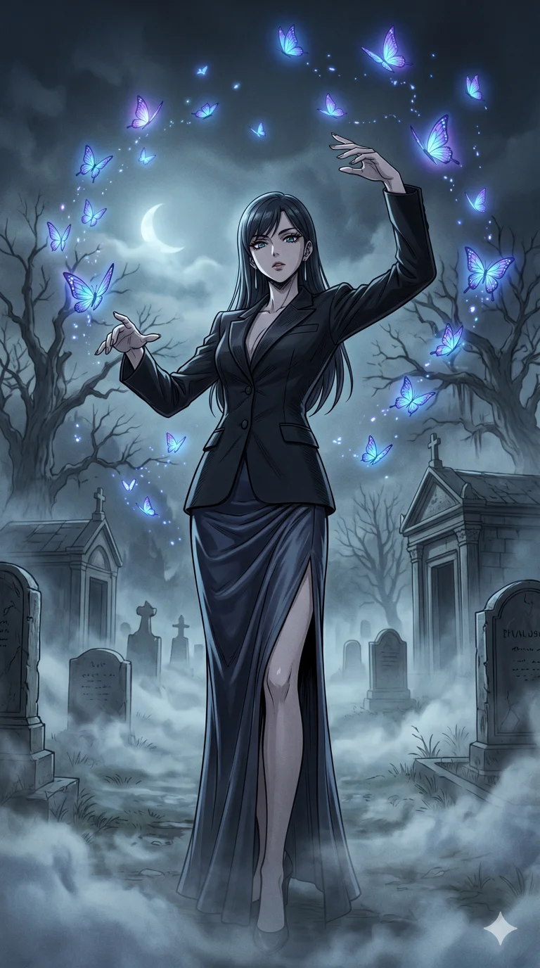 score_9, masterpiece, best quality, ultra-detailed, High-budget Anime Keyframe, beautiful Japanese anime girl. Low angle cowboy shot filling the entire 9:16 frame with her statuesque presence. Conducting a choir of glowing soul-butterflies in a quiet, mist-covered graveyard at night. She has an absolutely perfect 8-heads proportion, an exceptionally tall and slender female figure with impossibly long slender legs and an ultra-slim waist. Sharp v-shaped jawline, high-bridge nose, intricate jewel-like eyes with depth, thick eyelashes, glossy lips with a natural sheen. Wearing a High-Fashion Editorial outfit: structured black blazer with nothing underneath and a silk high-slit skirt. Background is a misty cemetery with glowing blue butterflies and ethereal moonlight. 2k, ultra detail, master piece, 9:16 ratio