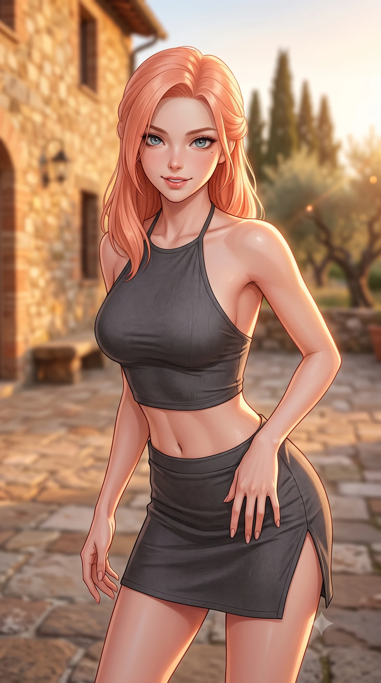 score_9, masterpiece, best quality, ultra-detailed, high-budget anime keyframe, editorial fashion photography, tasteful artistic composition, Japanese woman woman. close-up cowboy shot from the waist and thighs up, the character dominates the composition, filling the frame with her large presence, background elements kept in soft focus. leaning slightly forward with a playful, teasing smile, her gaze locked onto the viewer the background shows a soft-focus a rustic stone patio of a Tuscan villa surrounded by cypress trees and olive orchards. She has an exceptionally elegant, slender, and willowy female figure with an ultra-slim waist, a gracefully sculpted slender torso, and a refined silhouette. sharp v-shaped jawline, high-bridge nose, intricate jewel-like eyes with depth, thick eyelashes, glossy lips with a natural sheen. wearing a slim-fit halter crop top in charcoal gray, paired with a matching side-slit mini skirt. warm golden hour sunbeams bathing the stone structure in an amber wash. 2k, ultra detail, master piece, 9:16 ratio