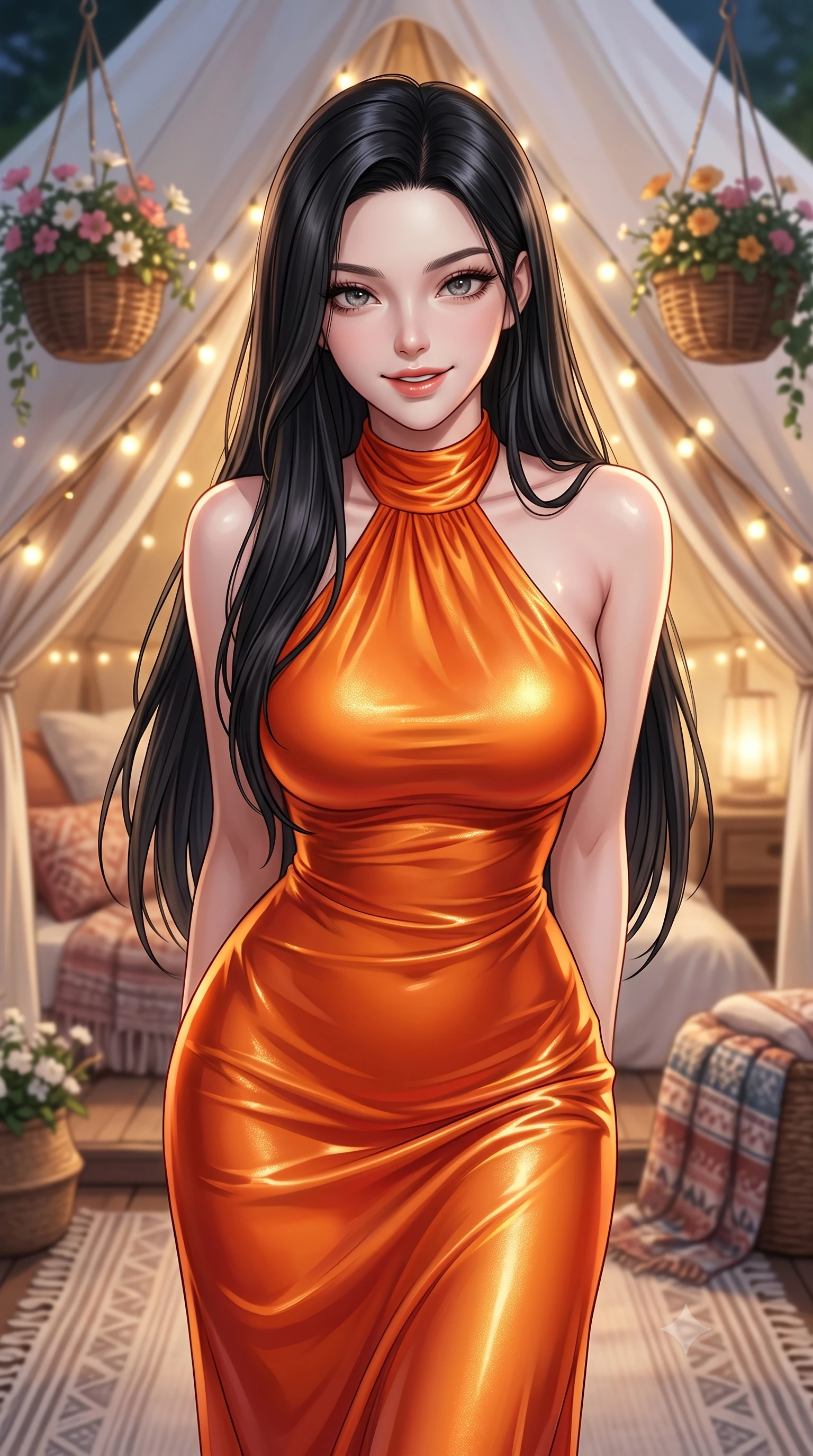 score_9, masterpiece, best quality, ultra-detailed, high-budget anime keyframe, editorial fashion photography, tasteful artistic composition, Korean woman. close-up cowboy shot from the waist and thighs up, the character dominates the composition, filling the frame with her large presence, background elements kept in soft focus. leaning slightly forward with a playful, teasing smile, her gaze locked onto the viewer the background shows a soft-focus a glamping tent entrance decorated with hanging flower baskets and fairy lights. She has an exceptionally elegant, slender, and willowy female figure with an ultra-slim waist, a gracefully sculpted slender torso, and a refined silhouette. sharp v-shaped jawline, high-bridge nose, intricate jewel-like eyes with depth, thick eyelashes, glossy lips with a natural sheen. wearing a slim-fit form-fitting liquid silk halter-neck maxi dress in sunset orange, draped elegantly to highlight her slender frame. soft twinkling warm lights highlighting the detailed textures of her outfit. ultra-reflective glossy finish, specular highlights, metallic sheen, high-contrast stereoscopic depth, volumetric dynamic lighting, 2k, ultra detail, master piece, 9:16 ratio