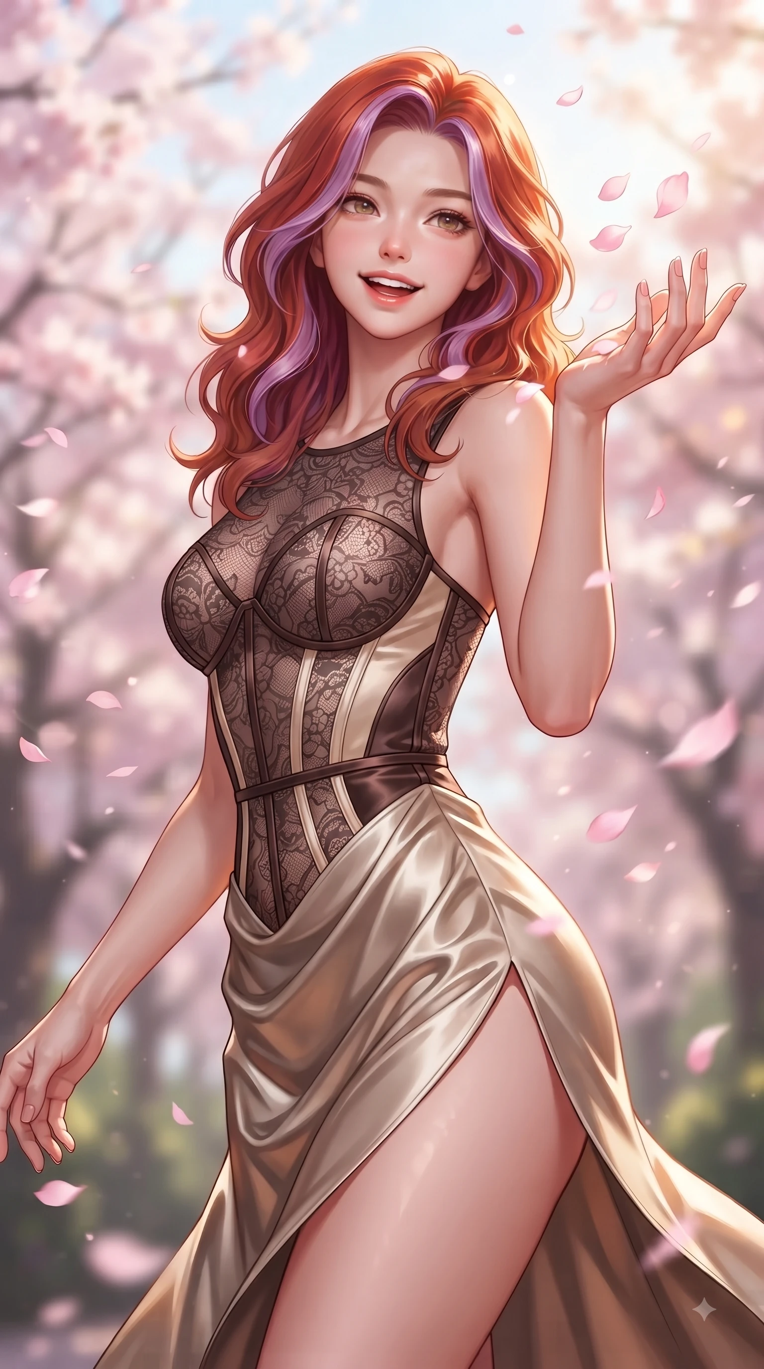 score_9, masterpiece, best quality, ultra-detailed, high-budget anime keyframe, editorial fashion photography, tasteful artistic composition, Caucasian woman. close-up cowboy shot from the waist and thighs up, the character dominates the composition, filling the frame with her large presence, background elements kept in soft focus. Cheerful beaming smile with parted lips, exuding pure enchanting charm while turning dynamically toward the camera while reaching her hand up playfully to catch falling pink cherry blossom petals in a spring breeze, floating pink petals drifting around her in dynamic, cheerful wind currents. She has an exceptionally elegant, slender, and willowy female figure with an ultra-slim waist, a gracefully sculpted slender torso, and a refined silhouette. sharp v-shaped jawline, high-bridge nose, intricate jewel-like eyes with depth, thick eyelashes, glossy lips with a natural sheen, flawlessly proportioned anatomical accuracy, natural body alignment, perfectly sculpted elegant limbs, clean dynamic posture without body distortion. wearing a sheer dark lace pattern bodysuit with structured corsetry boning in espresso brown and warm cream, crafted from lustrous satin jersey with fluid draping, finished with a sleek side slit ascending to mid-thigh, the tailored fabric tightly following every curve of her athletic build. bathed in bright morning sunbeams and warm golden sakura backlighting. ultra-reflective glossy finish, specular highlights, metallic sheen, high-contrast stereoscopic depth, volumetric dynamic lighting, 2k, ultra detail, master piece, 9:16 ratio
