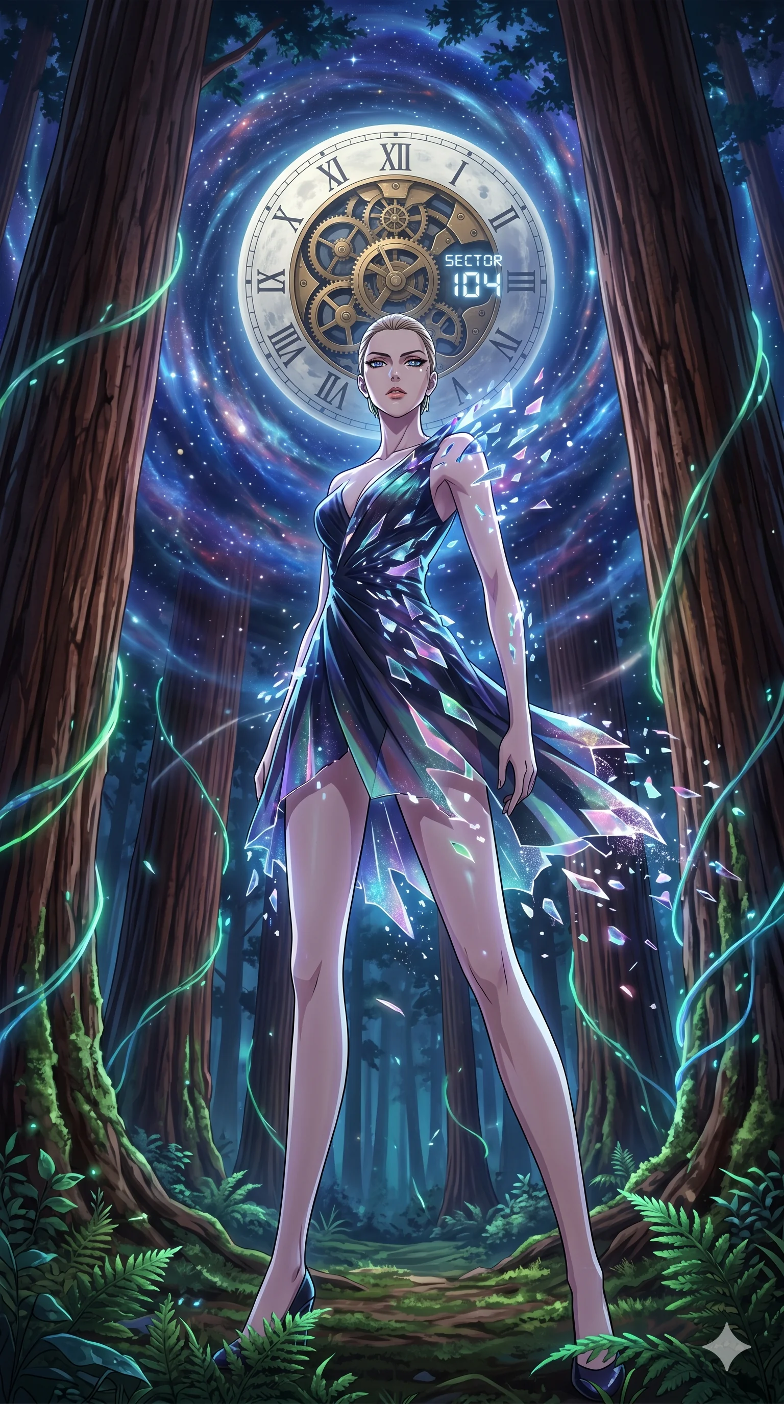 score_9, masterpiece, best quality, ultra-detailed, Set A: High-budget Anime Keyframe, Caucasian (human ears) woman. Low angle cowboy shot filling the entire 9:16 frame with her statuesque presence. Theme: Primal Nature. shattering the fabric of reality in a giant redwood forest with glowing vines, with a massive clockwork moon ticking behind her as sector 104. The atmosphere is filled with a swirling vortex of stars. She has an absolutely perfect 8-heads proportion, an exceptionally tall and slender female figure with impossibly long slender legs and an ultra-slim waist. Sharp v-shaped jawline, high-bridge nose, intricate jewel-like eyes with depth, glossy lips. Wearing Shattered-dimension dress where parts of the fabric seem to phase in and out. Cinematic lighting, vivid colors, dramatic shadows, 2k, ultra detail, master piece, 9:16 ratio