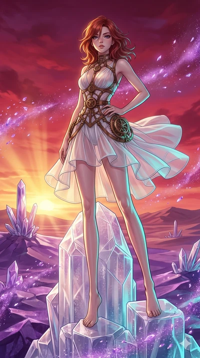 score_9, masterpiece, best quality, ultra-detailed, high-budget anime keyframe, Japanese woman. low angle full-body shot filling the entire 9:16 frame with her statuesque presence, stretching the vertical silhouette. standing atop a transparent salt 
