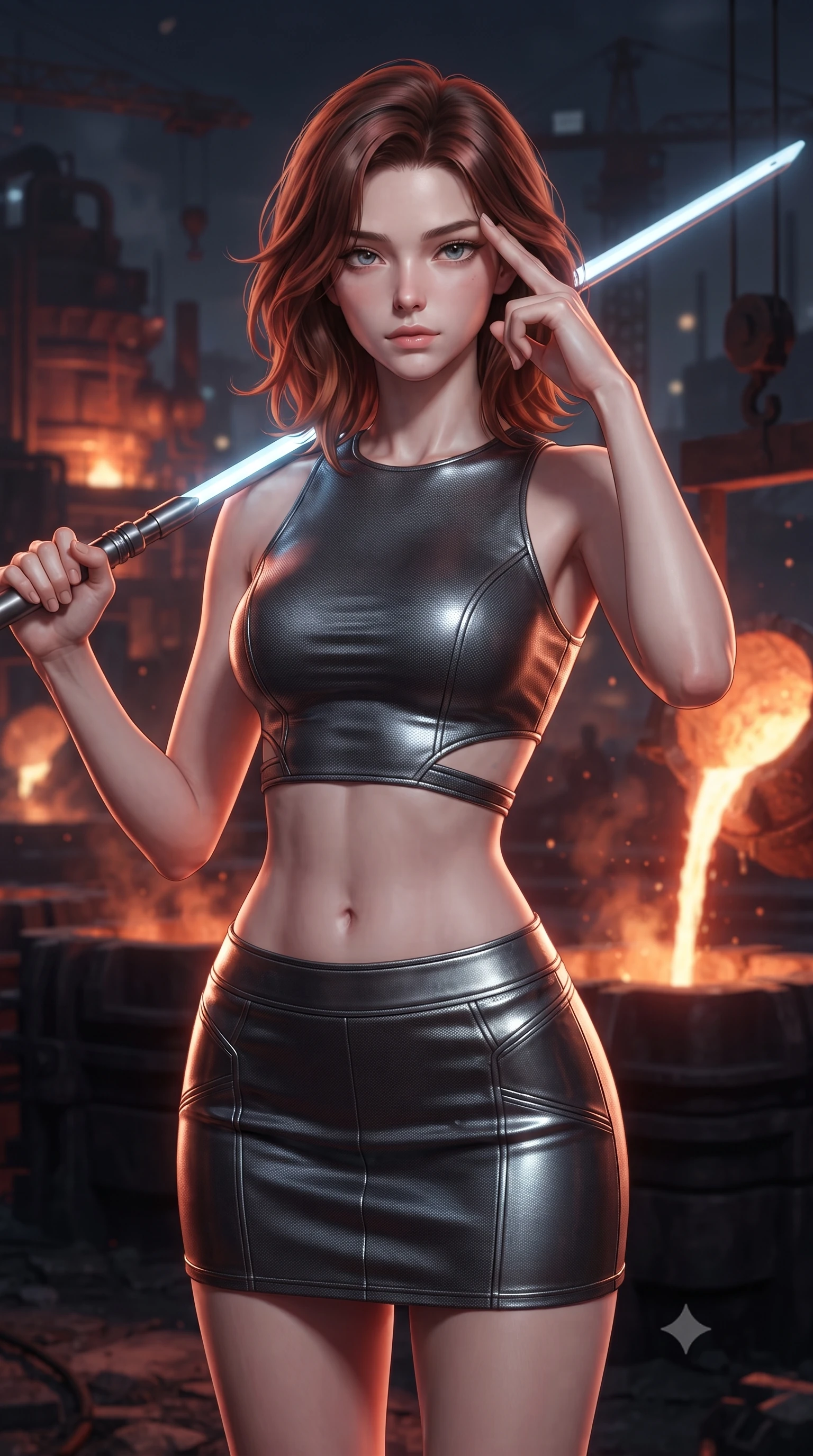 score_9, masterpiece, best quality, ultra-detailed, high-budget anime keyframe, editorial fashion photography, tasteful artistic composition, Korean woman. close-up cowboy shot from the waist and thighs up, the character dominates the composition, filling the frame with her large presence, background elements kept in soft focus. pressing two fingers to her temple while holding a light-spear diagonally behind her in a composed thoughtful gesture, the background shows a soft-focus an industrial smelting yard with molten metal pouring into carbon molds in soft focus. She has an exceptionally elegant, slender, and willowy female figure with an ultra-slim waist, a gracefully sculpted slender torso, and a refined silhouette. sharp v-shaped jawline, high-bridge nose, intricate jewel-like eyes with depth, thick eyelashes, glossy lips with a natural sheen. wearing a form-contouring modern carbon-alloy crop top paired with a low-rise tactical skirt and a subtle waist cut-out. hot glowing metal pouring, casting dramatic orange uplight and long shadows. ultra-reflective glossy finish, specular highlights, metallic sheen, high-contrast stereoscopic depth, volumetric dynamic lighting, 2k, ultra detail, master piece, 9:16 ratio