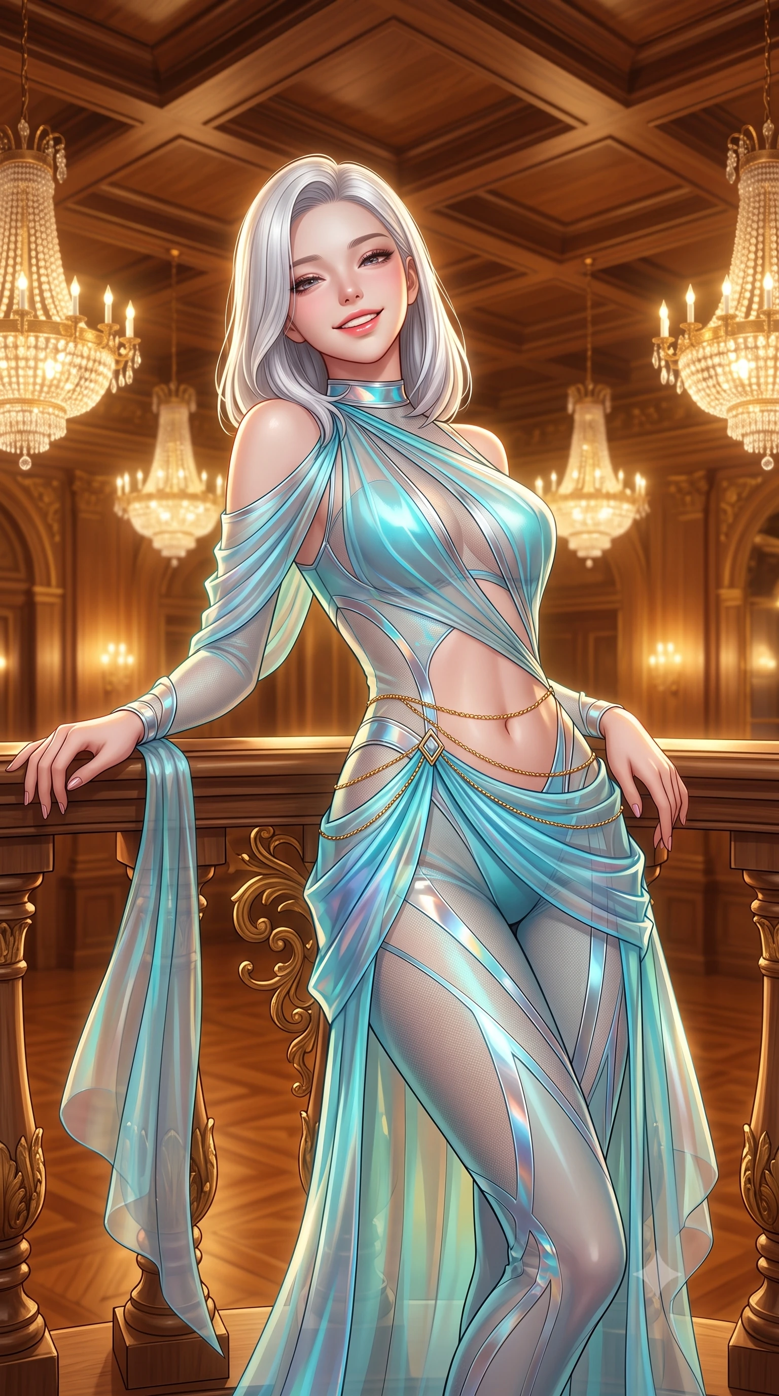 score_9, masterpiece, best quality, ultra-detailed, high-budget anime keyframe, semi-realistic 3D game render, editorial fashion photography, tasteful artistic composition, Korean woman. close-up cowboy shot from the waist and thighs up, the character dominates the composition, filling the frame with her large presence. leaning back against the balustrade with relaxed seductive grace, head tilted back slightly while casting a hypnotic, heavy-lidded gaze while standing centered on the mirror-polished teak ballroom floor beneath the soaring coffered ceiling, arching her spine with queenly supermodel charisma. The surrounding environment is rendered in vivid detail and crisp panoramic clarity: sharp carved teak parquet wood grain, gilded acanthus scrollwork, and diamond-cut crystal glass facets in deep focus. She has an exceptionally elegant, slender, and willowy female figure with an ultra-slim waist, flat toned midriff, narrow ribcage, and sculpted feminine hips creating an alluring, slim hourglass silhouette without bulk. sharp v-shaped jawline, high-bridge nose, intricate jewel-like sparkling eyes with depth, thick eyelashes, glossy parted lips with a natural peach sheen, bright cheerful beaming smile with an enchanting and coquettish sensual glint, exuding both youthful cute charm and seductive allure, flawlessly proportioned anatomical accuracy, strict slender model proportions, natural body alignment, perfectly sculpted long slender limbs, ultra-slim waistline, clean dynamic posture without body distortion. wearing an ultra-daring sheer vinyl-trimmed illusion mesh catsuit with strategic translucent cutouts along her hips and torso in Neo-Carthage holographic cyan and solar chrome, made of sheer gossamer chiffon that drapes softly against skin with airy translucence, accented with a dainty gold belly chain resting across her flat midriff and curving hips, the high-slit wrap tailoring accentuating her ultra-slim waistline and the enchanting curve of her feminine hips with alluring seductive charm. bathed in the opulent golden 2600K radiance of multi-tiered Art Deco chandeliers dimmed to an intimate evening glow. highly saturated vibrant anime colors, detailed shading with soft gradients, rich glossy textures, high-contrast stereoscopic depth, volumetric dynamic lighting, master piece, 9:16 ratio