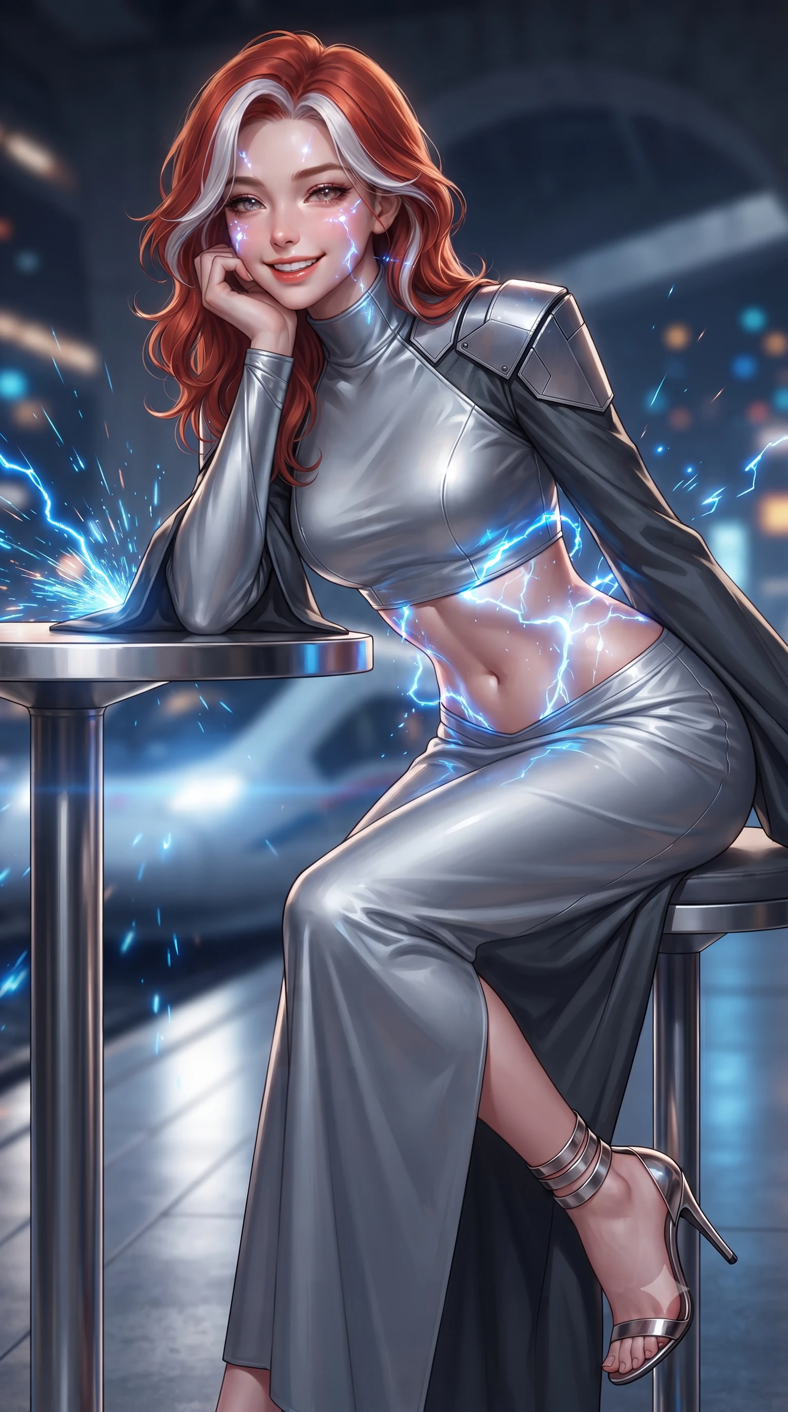 score_9, masterpiece, best quality, ultra-detailed, high-budget anime keyframe, editorial fashion photography, tasteful artistic composition, Caucasian woman. close-up cowboy shot from the waist and thighs up, the character dominates the composition, filling the frame with her large presence. resting one elbow on the table and supporting her chin, leaning close to the camera with heavy-lidded sparkling eyes and parted lips while twisting her slender torso in an alluring S-curve, high-voltage electric blue arcs reflecting dynamically across her flat midriff and hips. The background shows a soft-focus streaks of high-speed maglev train headlights, showering blue magnetic sparks, and massive brutalist concrete vaults blurred into cobalt, diamond, and amber bokeh. She has an exceptionally elegant, slender, and willowy female figure with an ultra-slim waist, flat toned midriff, narrow ribcage, and sculpted feminine hips creating an alluring, slim hourglass silhouette without bulk. sharp v-shaped jawline, high-bridge nose, intricate jewel-like sparkling eyes with depth, thick eyelashes, glossy parted lips with a natural peach sheen, bright cheerful beaming smile with an enchanting and coquettish sensual glint, exuding both youthful cute charm and seductive allure, flawlessly proportioned anatomical accuracy, strict slender model proportions, natural body alignment, perfectly sculpted long slender limbs, ultra-slim waistline, clean dynamic posture without body distortion. wearing an elegant high-neck diplomatic sci-fi gown made of bioluminescent silver silk with structured geometric shoulder plates and long flowing sleeves in liquid mercury chrome and stealth charcoal, woven from structured carbon-fiber jacquard with rich textural depth, complemented by strappy stiletto sandals with metallic ankle wraps accentuating her slender calves, the impeccably tailored cut draping gracefully along her slender figure with aristocratic poise. illuminated by steel catwalk reflection bounce and sharp electric-cyan rim lights sculpting her jawline, narrow waist, and curvy hips. ultra-reflective glossy finish, specular highlights, rich textural contrasts, high-contrast stereoscopic depth, volumetric dynamic lighting, 2k, ultra detail, master piece, 9:16 ratio