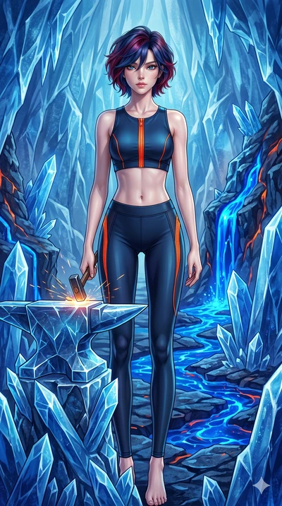 score_9, masterpiece, best quality, ultra-detailed, high-budget anime keyframe, Caucasian woman, strictly human ears. low angle full-body shot filling the entire 9:16 frame with her statuesque presence, stretching the vertical silhouette. forging in 