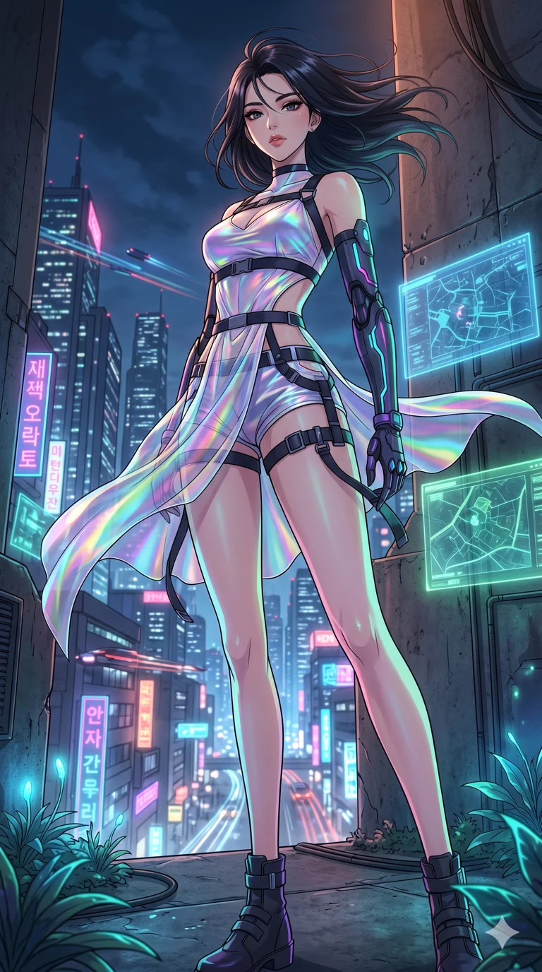 score_9, masterpiece, best quality, ultra-detailed, High-budget Anime Keyframe, vibrant colors, fluid line-art, expressive lighting, cinematic composition, Ufotable-style visual effects, top-tier animation quality, Korean woman with idol-like refined features. Dramatic low angle looking up at her majestic stature, dominating the vertical space of the composition. Standing atop a dizzying skyscraper overlooking a vast megalopolis of neon towers and flying vehicles, the wind whipping through her hair. She has an absolutely perfect 8-heads proportion, an exceptionally tall and slender female figure with impossibly long slender legs and an ultra-slim waist, her statuesque height and towering silhouette dominating the vertical 9:16 frame. Her face is a masterpiece featuring a sharp v-shaped jawline, high-bridge nose, intricate jewel-like eyes with depth, thick eyelashes, and glossy lips with a natural sheen. She is wearing a Cyber-augmented streetwear featuring mechanical arm parts and a micro-shorts/harness combo crafted from Holographic chiffon that changes color with every movement, creating a rainbow effect, featuring strategic side cut-outs that emphasize her ultra-slim waist and hips. The scene is set in an underground rebel bunker with flickering holographic screens and tactical maps, illuminated by soft bioluminescent glow from the environment casting ethereal colors on her skin. 2k, ultra detail, master piece, 9:16 ratio