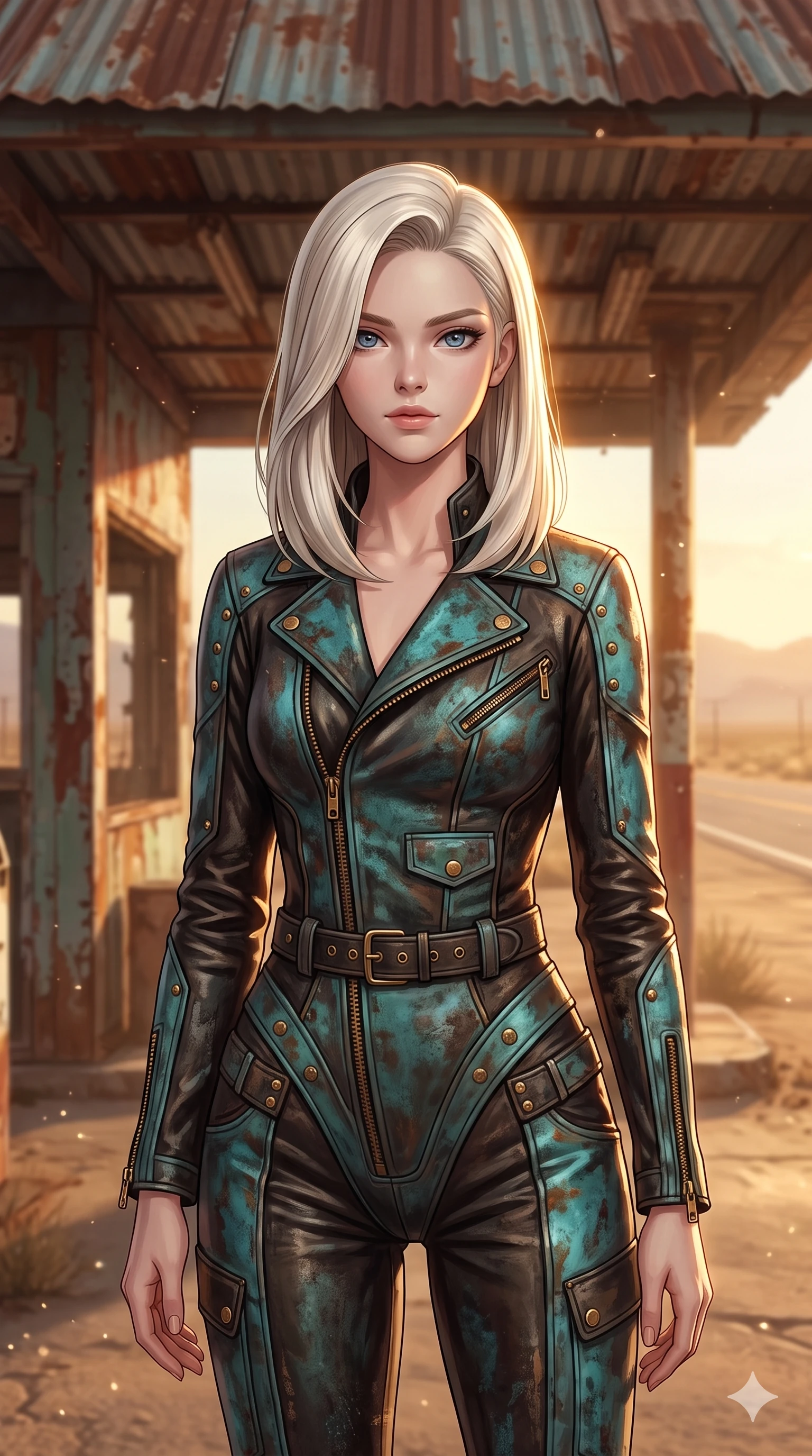 score_9, masterpiece, best quality, ultra-detailed, high-budget anime keyframe, semi-realistic 3D game render, editorial fashion photography, tasteful artistic composition, Caucasian woman. close-up cowboy shot from the waist and thighs up, the character dominates the composition, filling the frame with her large presence. leaning forward while arching her lower back to accentuate her curvy hips, looking into the camera with an intoxicating smoldering gaze and bedroom-eyes while standing tall under the rusted tin station overhang, arching her lower back with sovereign supermodel grace while gazing down the lonely desert highway. The background shows a soft-focus abandoned roadside Americana softened in Route 66 gas station shallow focus. She has an exceptionally elegant, slender, and willowy female figure with an ultra-slim waist, flat toned midriff, narrow ribcage, and sculpted feminine hips creating an alluring, slim hourglass silhouette without bulk. sharp v-shaped jawline, high-bridge nose, sparkling eyes with hypnotic seductive depth, thick curled eyelashes, glossy parted lips with a natural dewy peach sheen, alluring bedroom-eyes with an enchanting coquettish smile, exuding magnetic siren charisma and sophisticated glamour, flawlessly proportioned anatomical accuracy, strict slender model proportions, natural body alignment, perfectly sculpted long slender limbs, ultra-slim waistline, clean dynamic posture without body distortion. wearing a low-slung cutaway leather biker bodysuit with bare hip flanks and criss-cross leather cord ties in turquoise patina and burnished vintage brass, made of sheer contouring power-mesh with western filigree flocking patterns, complemented by rugged distressed leather motorcycle boots with silver buckle hardware, the impeccably tailored cut draping gracefully along her slender figure with aristocratic western poise. illuminated by asphalt reflection bounce and sharp golden-bronze rim lighting defining her jawline, flat midriff, and voluptuous hip curves. highly saturated vibrant anime colors, detailed shading with soft gradients, rich glossy textures, high-contrast stereoscopic depth, volumetric dynamic lighting, master piece, 9:16 ratio