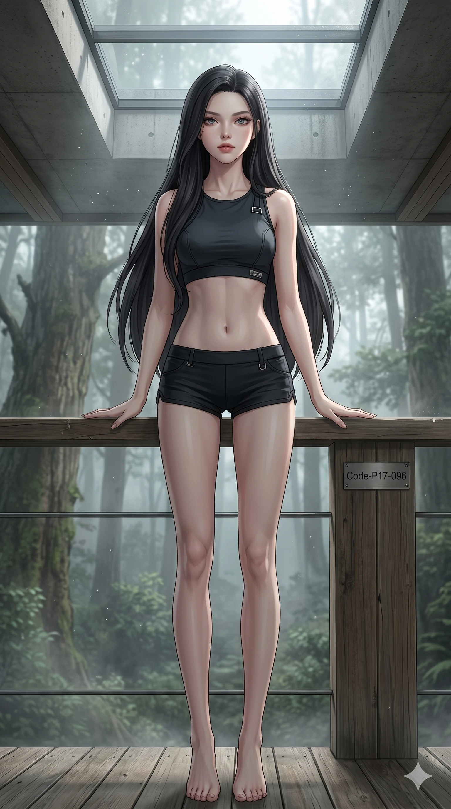 score_9, masterpiece, best quality, ultra-detailed, high-budget anime keyframe, editorial fashion photography, tasteful artistic composition, Korean woman. cowboy shot from the thighs up, character and outfit filling the frame for maximum editorial presence. resting her hands on the deck railing, looking past the camera with serene self-assurance on a secluded deck of a forest retreat with mist (Code-P17-096). She has an absolutely perfect 8-heads proportion, an exceptionally tall and slender female figure with impossibly long slender legs and an ultra-slim waist. V-shaped jawline, high-bridge nose, intricate jewel-like eyes with depth, thick eyelashes, glossy lips with a natural sheen. wearing a crop top exposing her bare midriff and micro-shorts. soft diffused light from a concrete skylight, highlighting her V-shaped jawline and nose. 2k, ultra detail, master piece, 9:16 ratio
