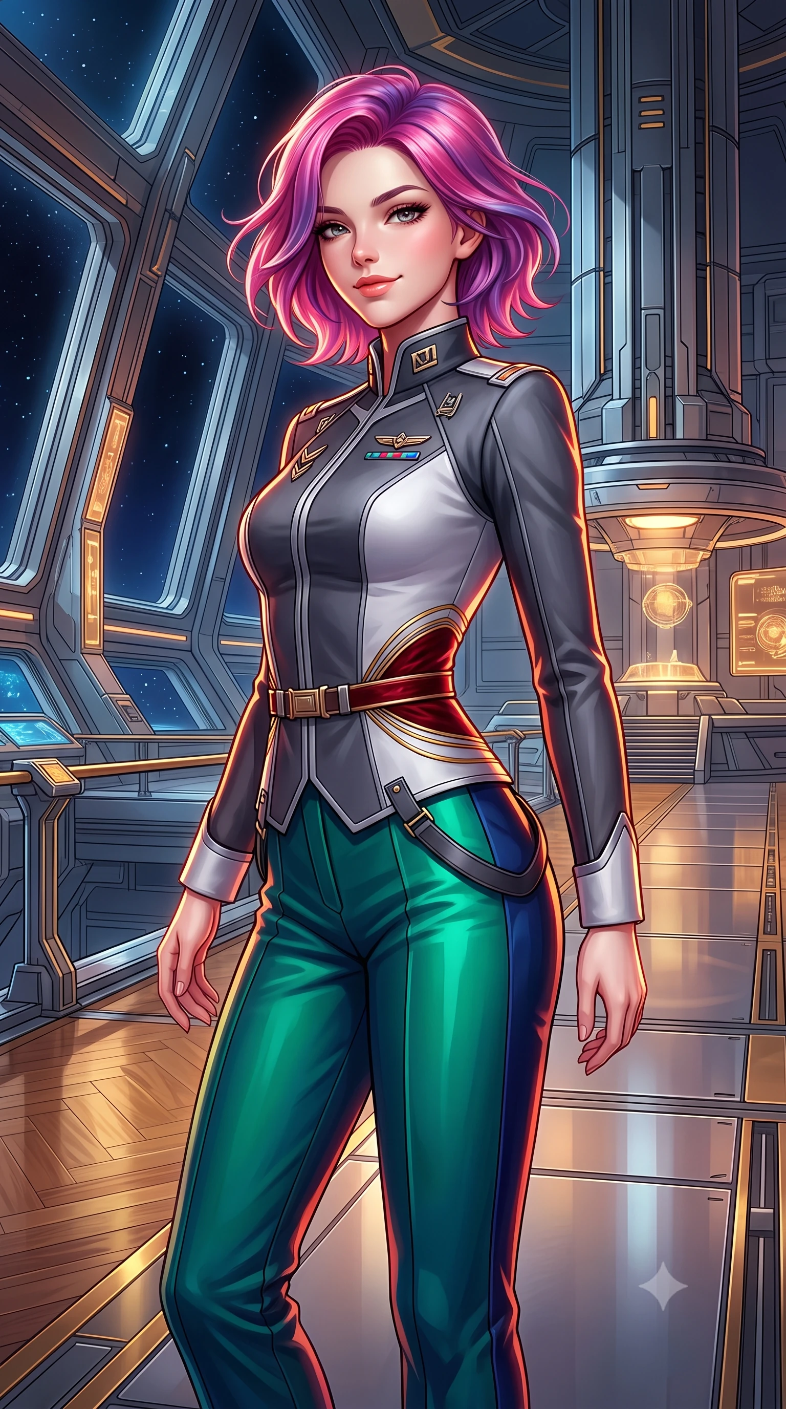 score_9, masterpiece, best quality, ultra-detailed, high-budget anime keyframe, semi-realistic 3D game render, editorial fashion photography, tasteful artistic composition, Caucasian woman. close-up cowboy shot from the waist and thighs up, the character dominates the composition, filling the frame with her large presence. turning slowly with an enchanting smoldering smile, her glossy hair tossing in the breeze as her hips angle gracefully in a captivating contrapposto while twisting her slender torso in an alluring contrapposto stance, fiber-optic gold filigree and crimson velvet light wrapping around her narrow waist and curvy hips. The surrounding environment is rendered in vivid detail and crisp panoramic clarity: detailed anime keyframe lines, rich fabric textures, and monumental imperial space architecture in razor-sharp precision. She has an exceptionally elegant, slender, and willowy female figure with an ultra-slim waist, flat toned midriff, narrow ribcage, and sculpted feminine hips creating an alluring, slim hourglass silhouette without bulk. sharp v-shaped jawline, high-bridge nose, intricate jewel-like sparkling eyes with depth, thick eyelashes, glossy parted lips with a natural peach sheen, bright cheerful beaming smile with an enchanting and coquettish sensual glint, exuding both youthful cute charm and seductive allure, flawlessly proportioned anatomical accuracy, strict slender model proportions, natural body alignment, perfectly sculpted long slender limbs, ultra-slim waistline, clean dynamic posture without body distortion. wearing a tailored orbital colony command uniform in dark grey and white paneling with rank insignia pins and tailored straight-leg trousers in bioluminescent emerald and abyssal sapphire, crafted from bespoke double-faced cashmere with an exceptionally soft tactile finish, finished with sleek magnetic buckle closures fluttering in the breeze, the bespoke structured tailoring following the natural line of her 8.5-heads silhouette with refined elegance. illuminated by polished parquet reflection bounce and sharp gold-plasma rim lights sculpting her jawline, narrow waist, and curvy hips. highly saturated vibrant anime colors, detailed shading with soft gradients, rich glossy textures, high-contrast stereoscopic depth, volumetric dynamic lighting, master piece, 9:16 ratio